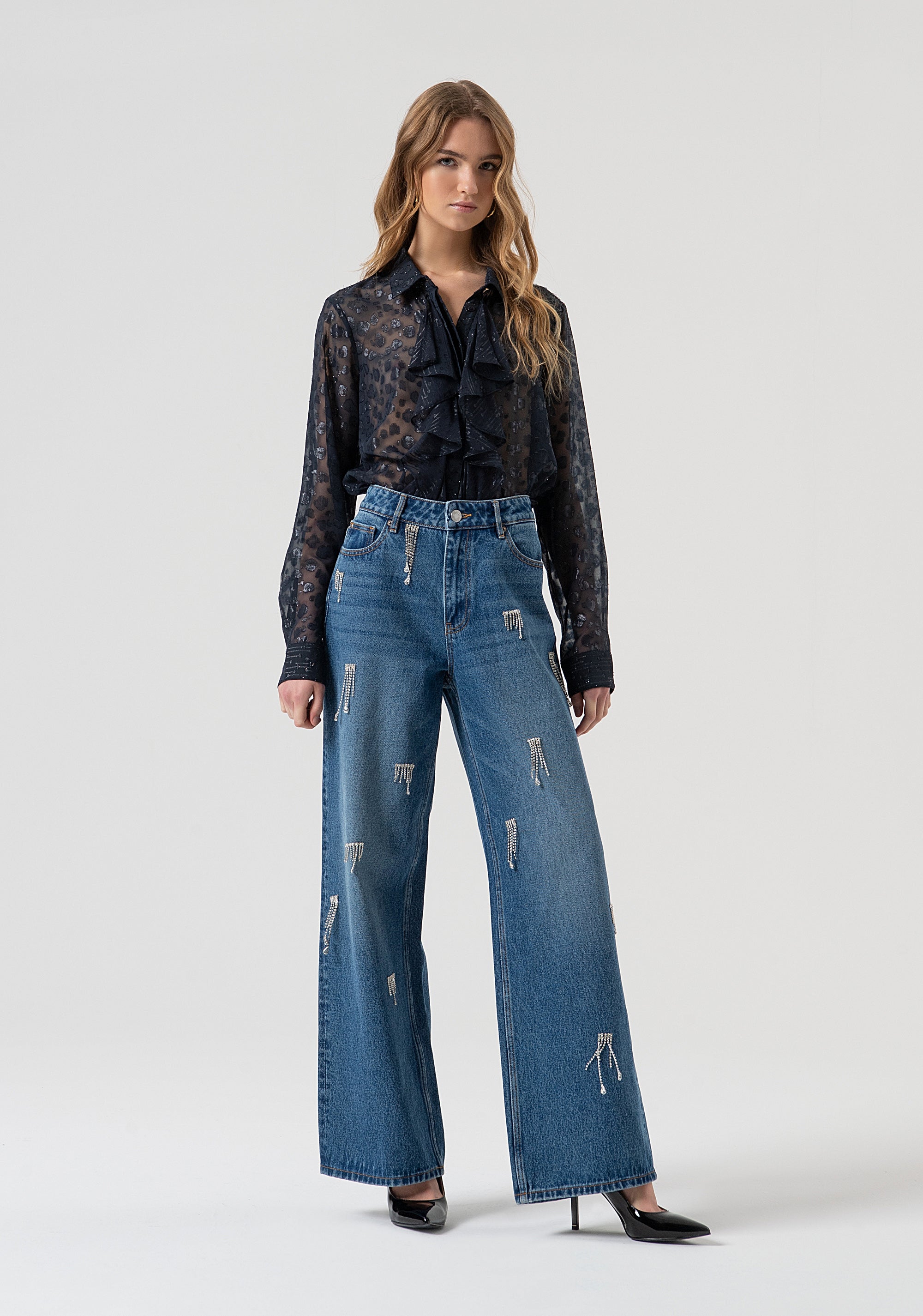 Jeans flare made in denim with middle wash and shiny strasses Fracomina FR25WV2008D41902-349-1