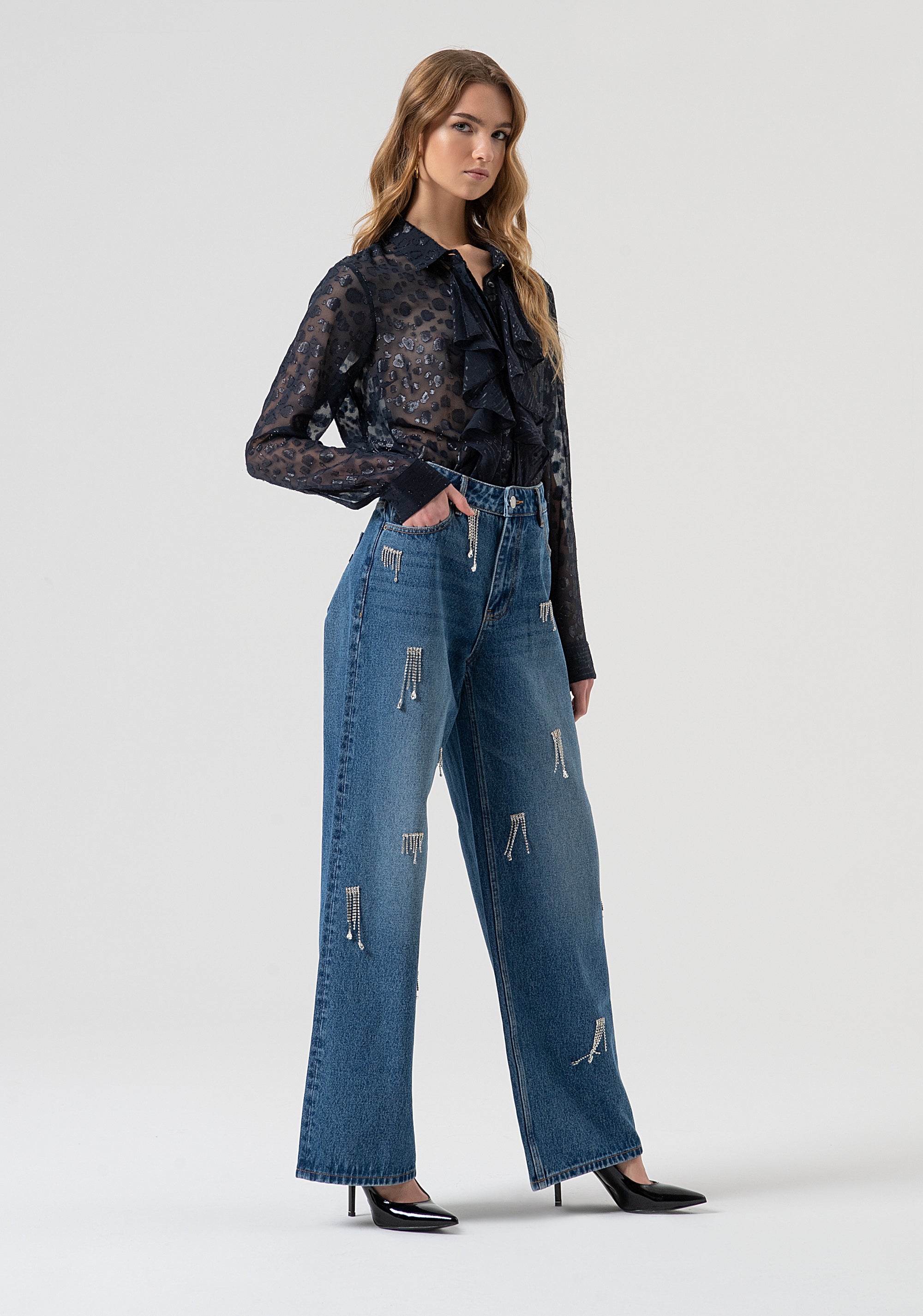 Jeans flare made in denim with middle wash and shiny strasses Fracomina FR25WV2008D41902-349-3
