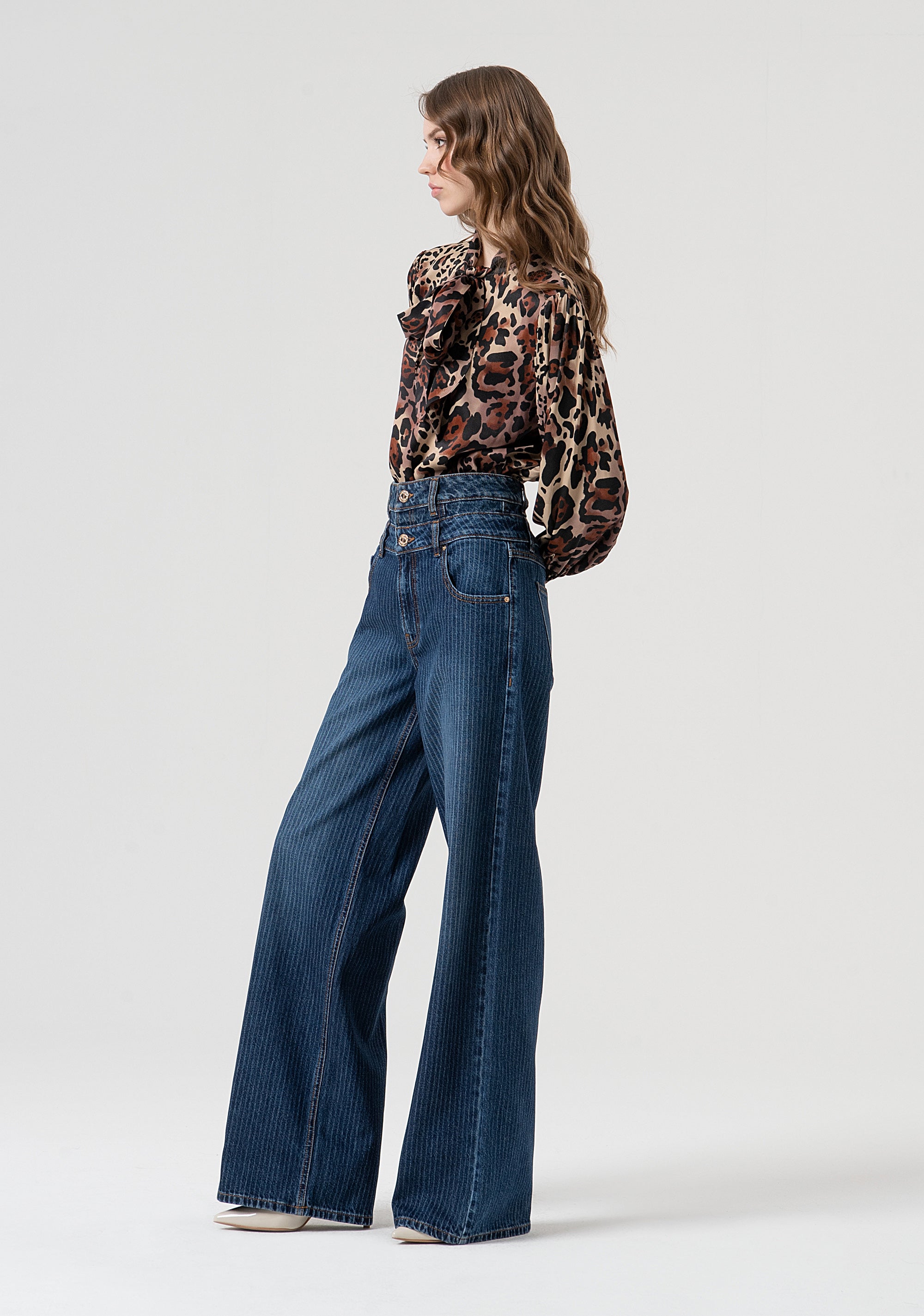 Jeans flare made in pinstriped denim with vintage wash Fracomina FR25WV3020D419F8-T64-3