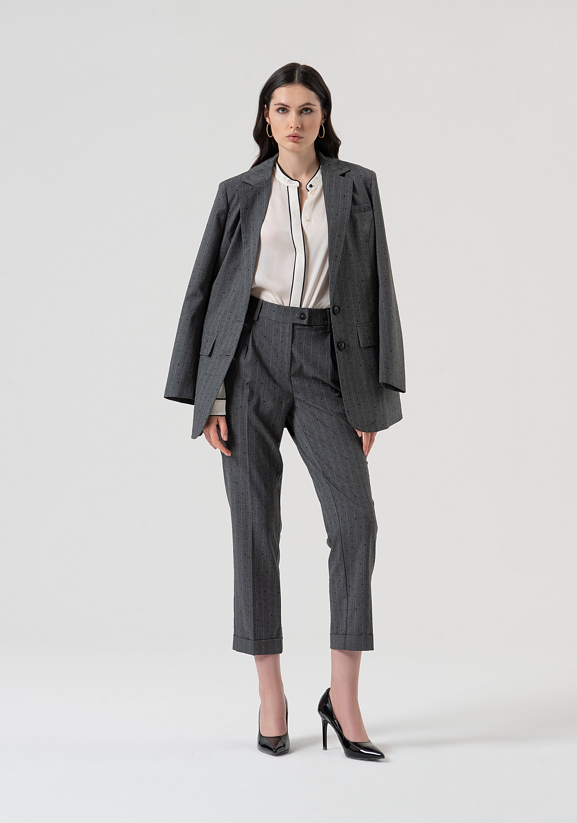 Chino pant regular fit made in pinstriped fabric with strass Fracomina FR25WV4009W459D4-121-5