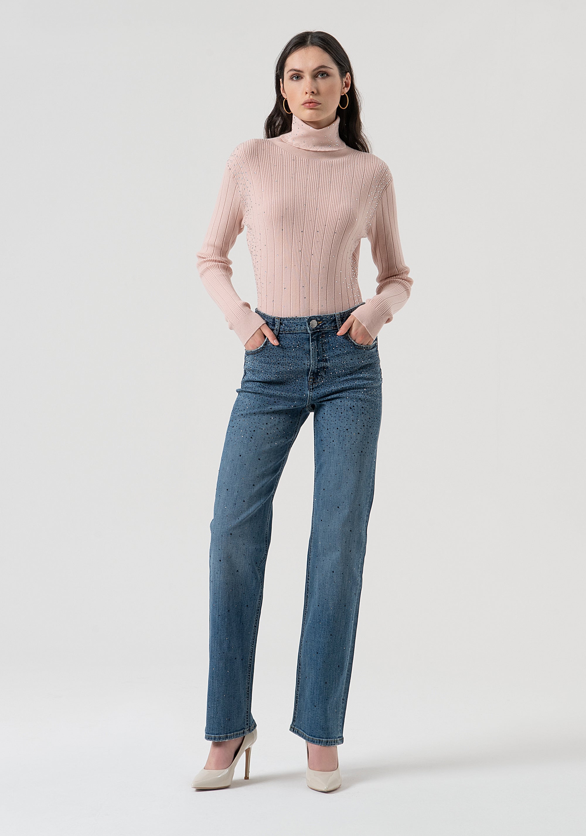 Jeans wide leg made in denim with middle wash and strasses Fracomina FR25WV8050D46002-349-1