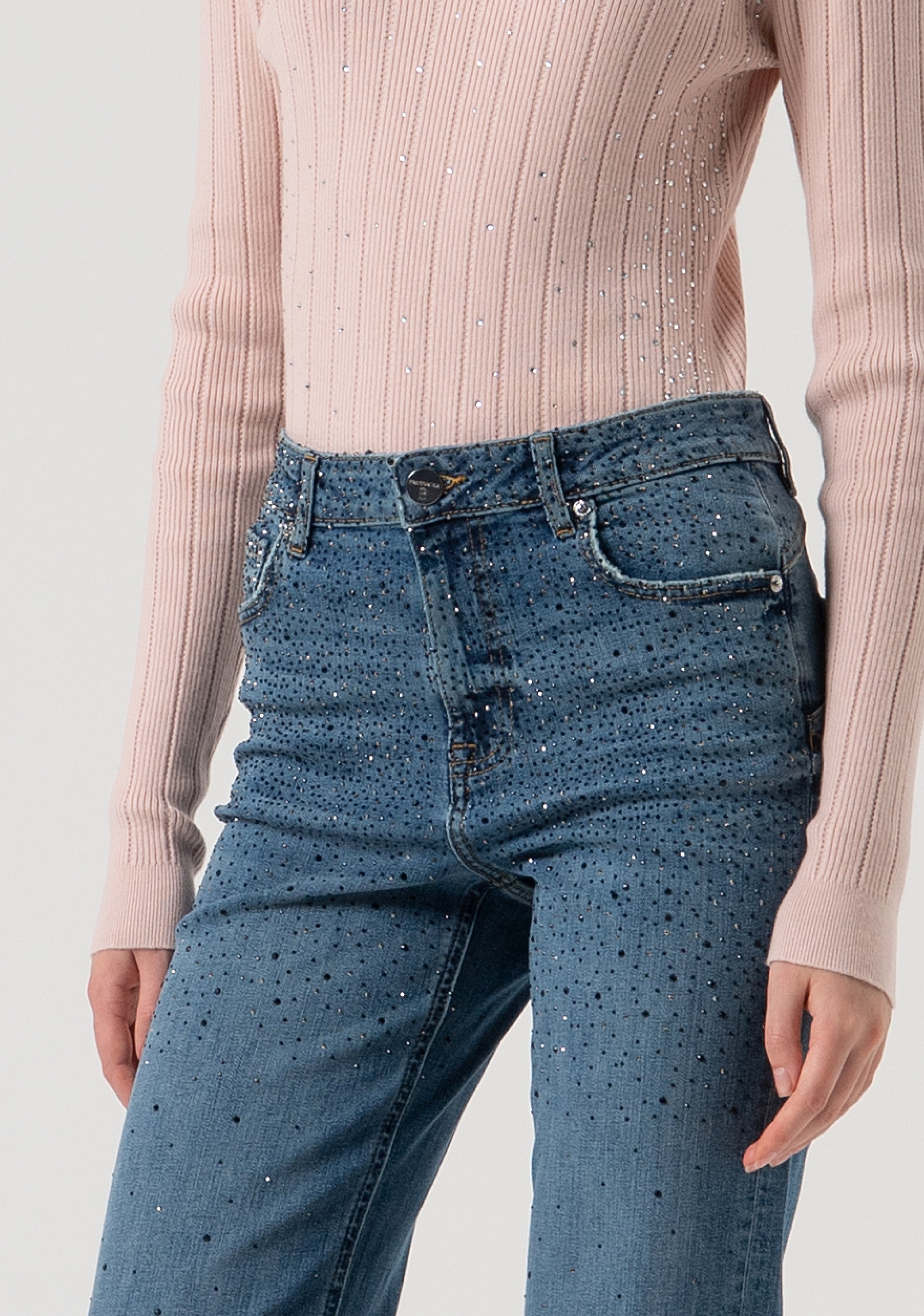 Jeans wide leg made in denim with middle wash and strasses Fracomina FR25WV8050D46002-349-2