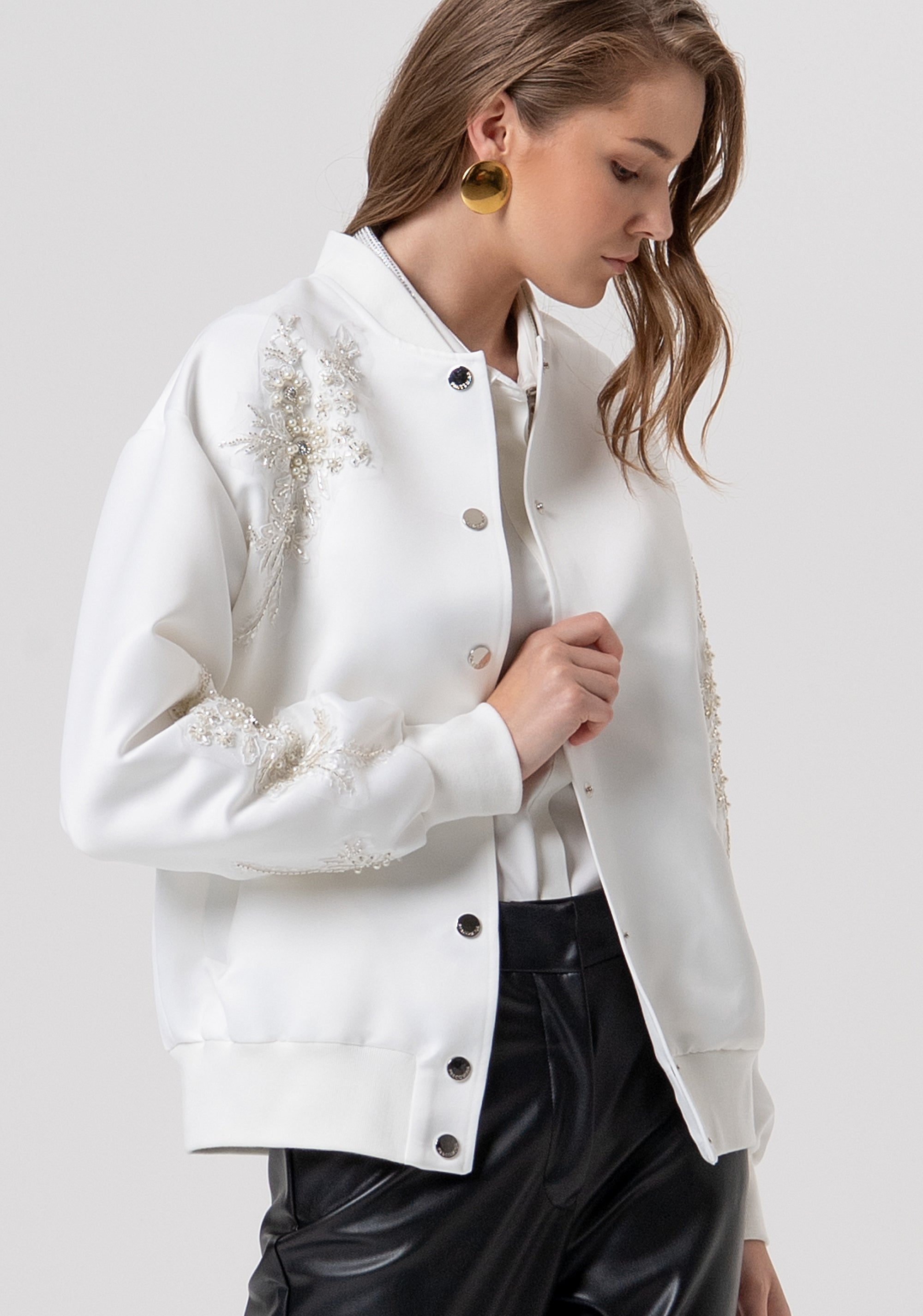 Bomber jacket oversize with pearls application, embroideries and shiny stones Fracomina FR26SC1006W411R9-278-1