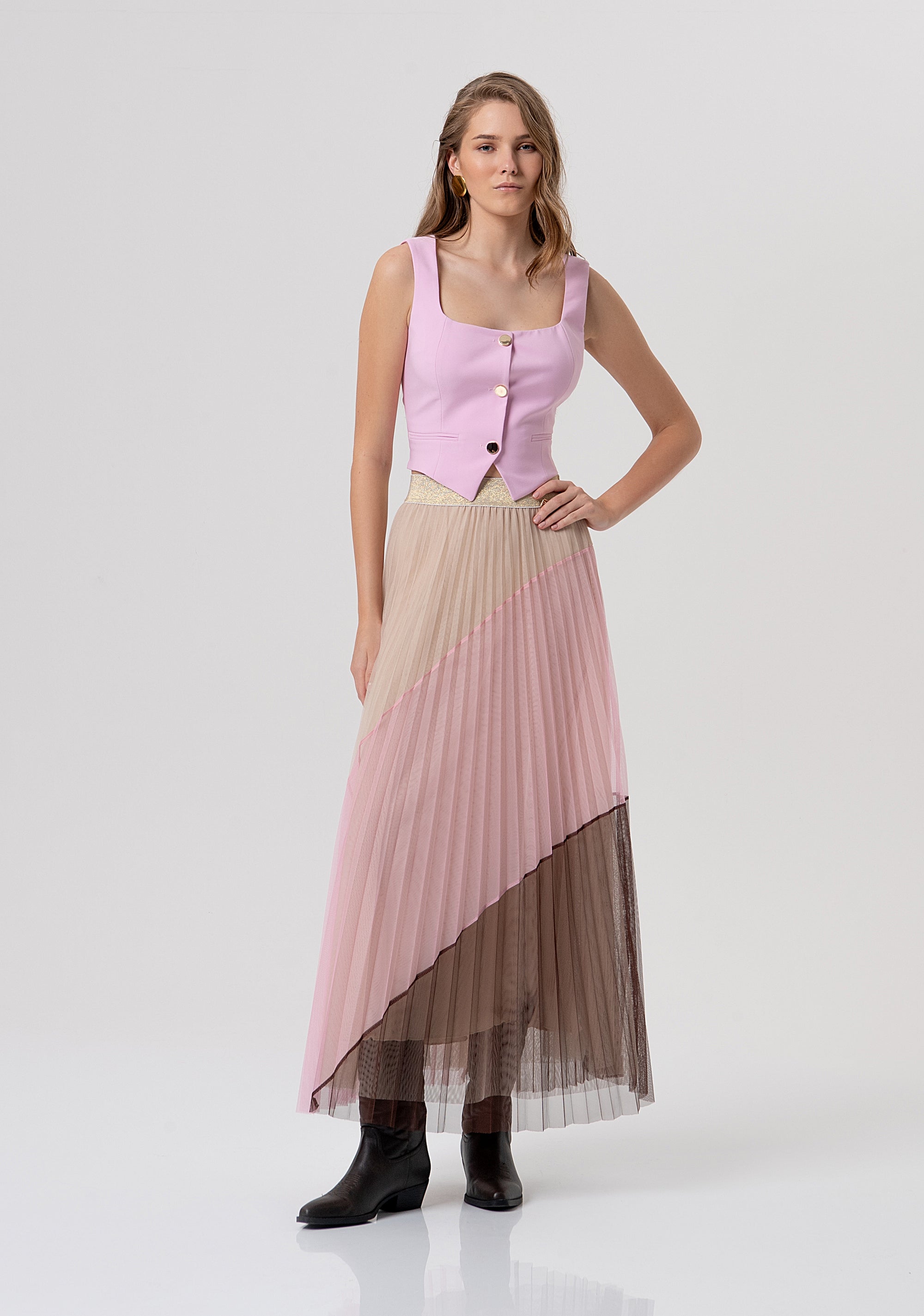Long skirt flare made in tulle with plissè effect Fracomina FR26SG3009W529F9-210-1