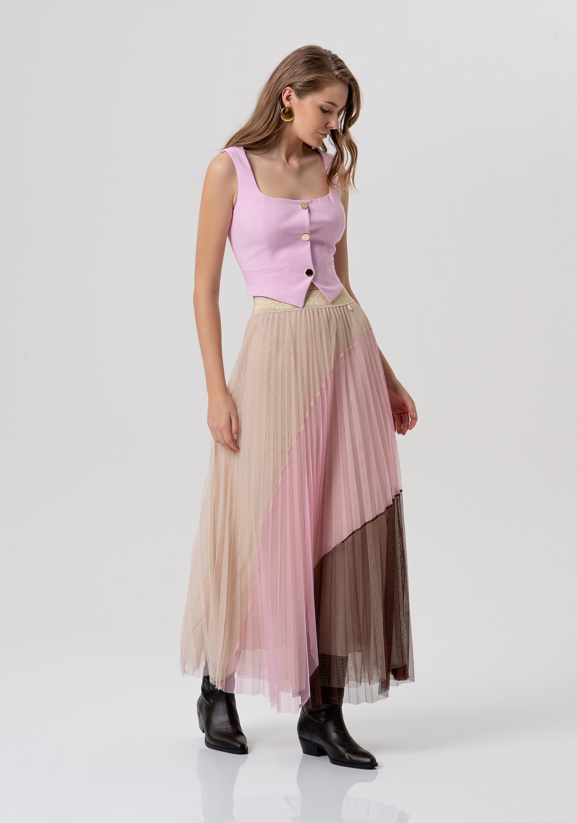 Long skirt flare made in tulle with plissè effect Fracomina FR26SG3009W529F9-210-2