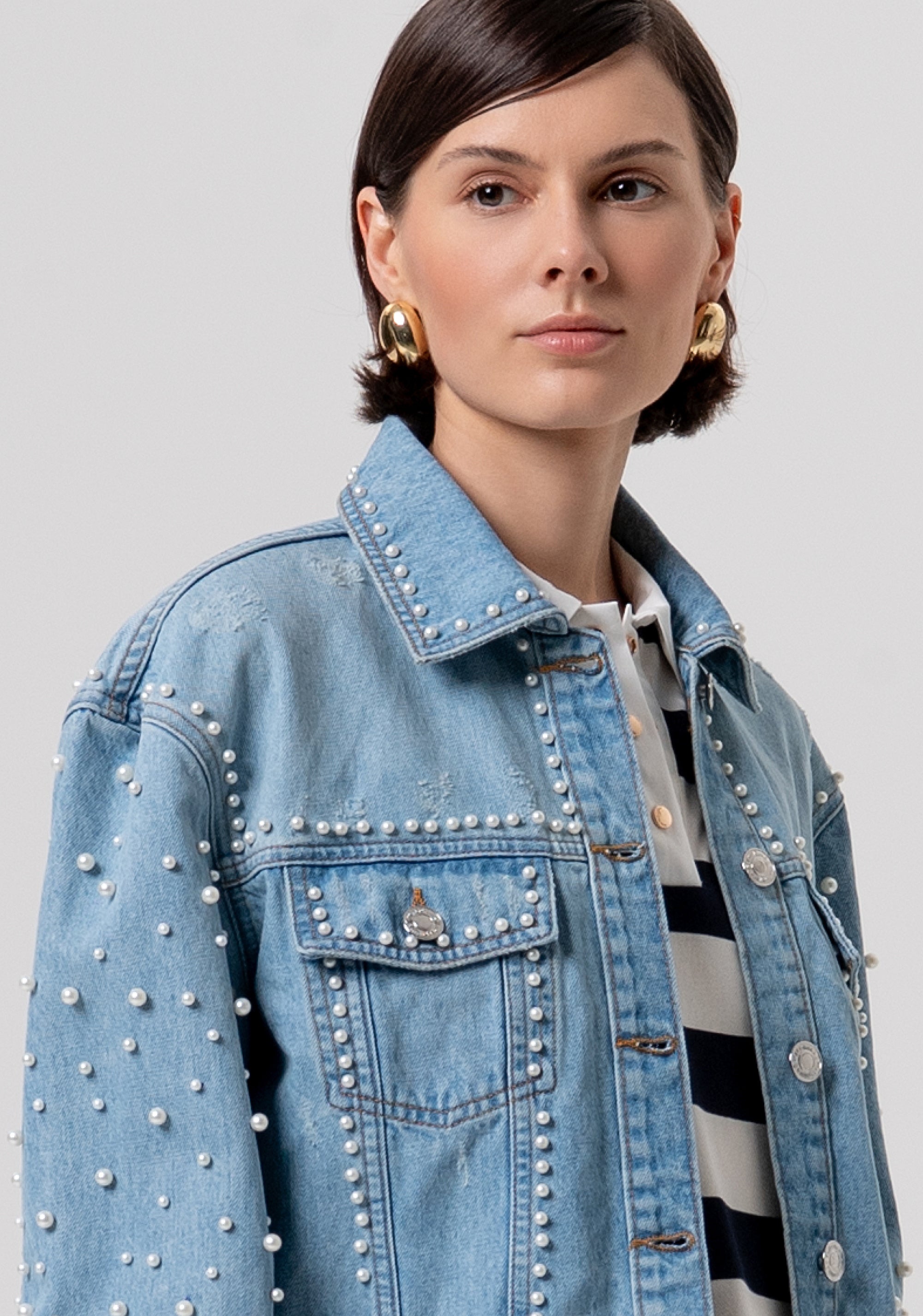 Jacket regular fit made in denim with light wash and pearls Fracomina FR26SJ4004D47103-062-2