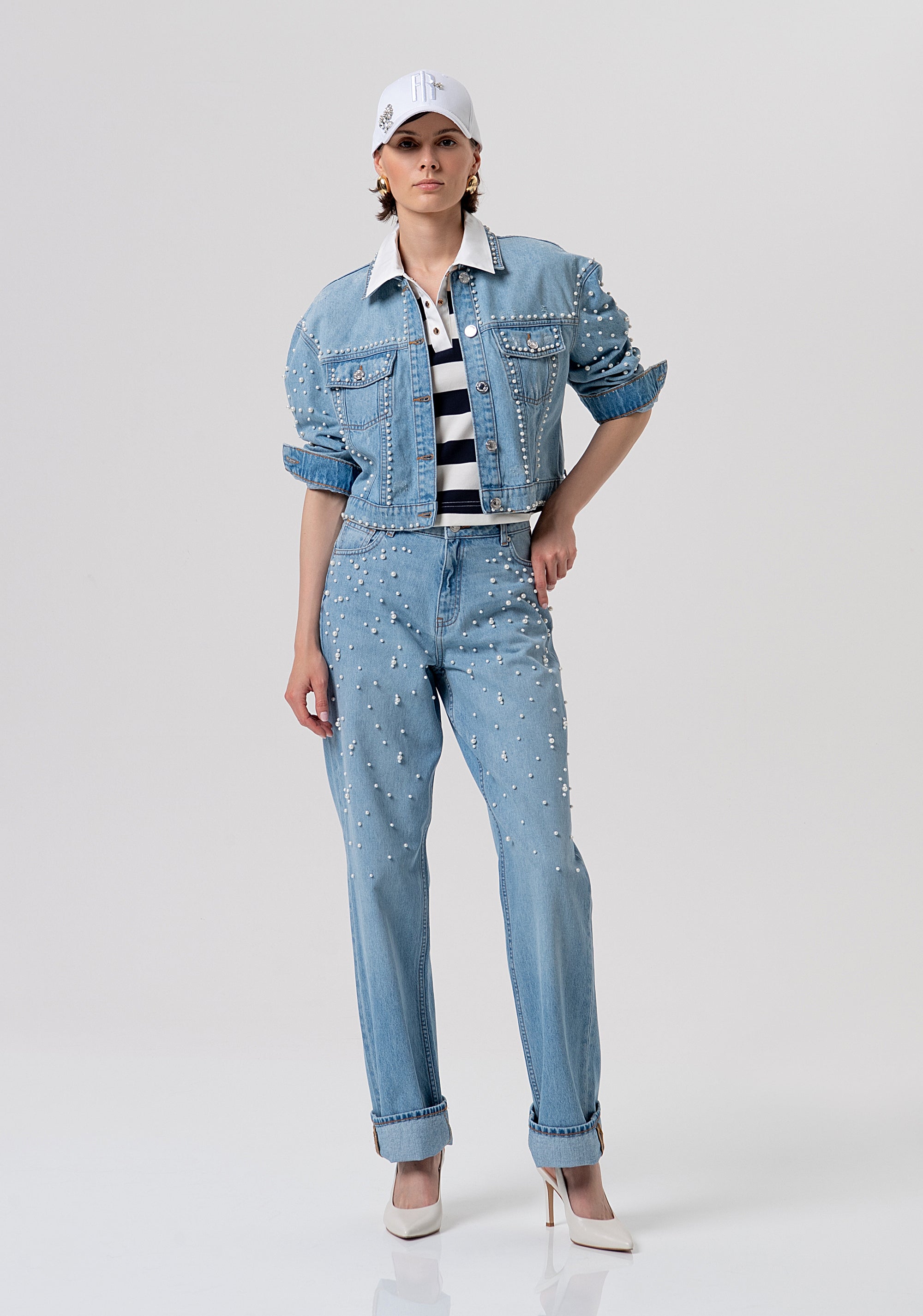 Jacket regular fit made in denim with light wash and pearls Fracomina FR26SJ4004D47103-062-4