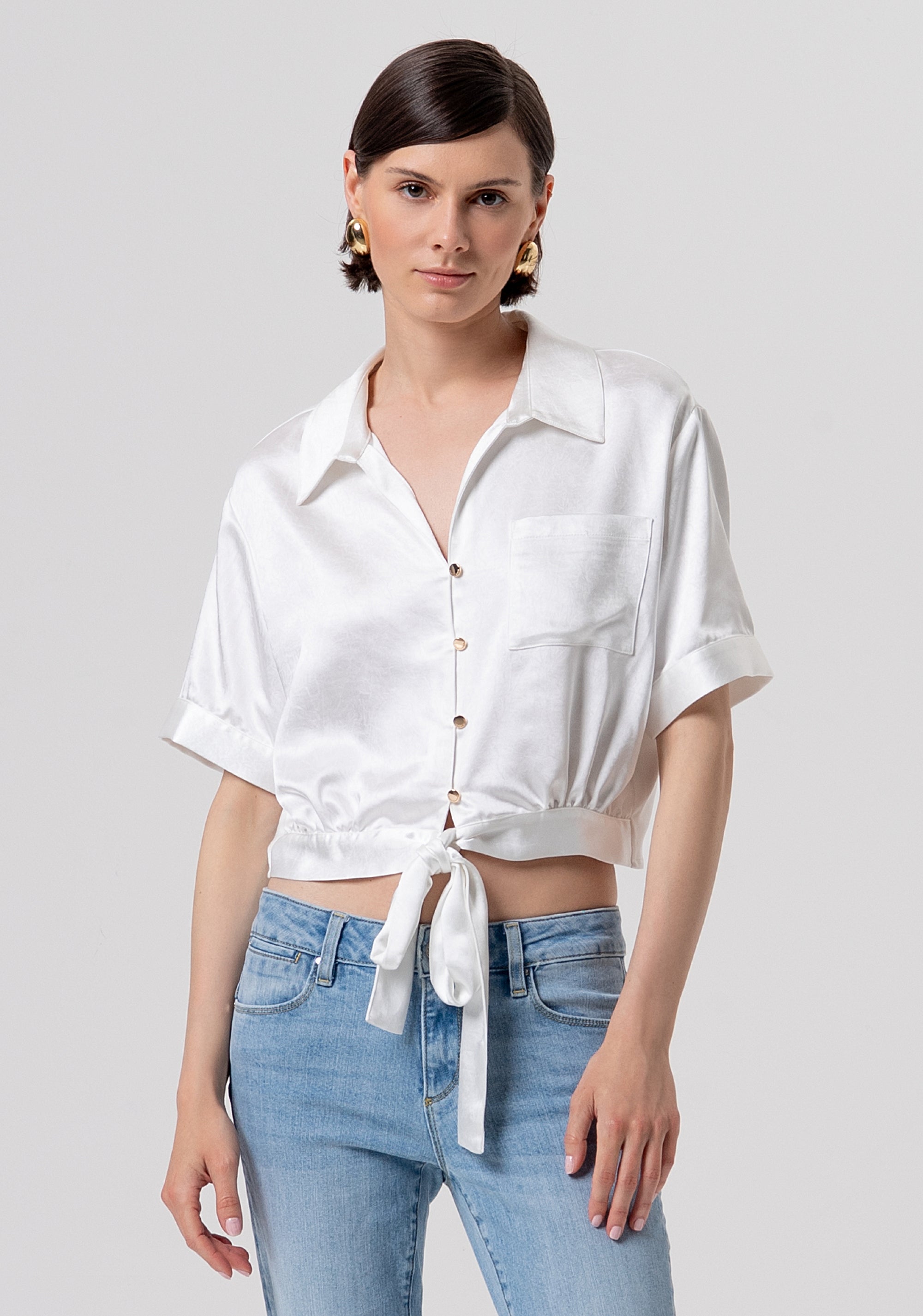 Shirt cropped made in satin with bow Fracomina FR26ST6036W41101-108-1