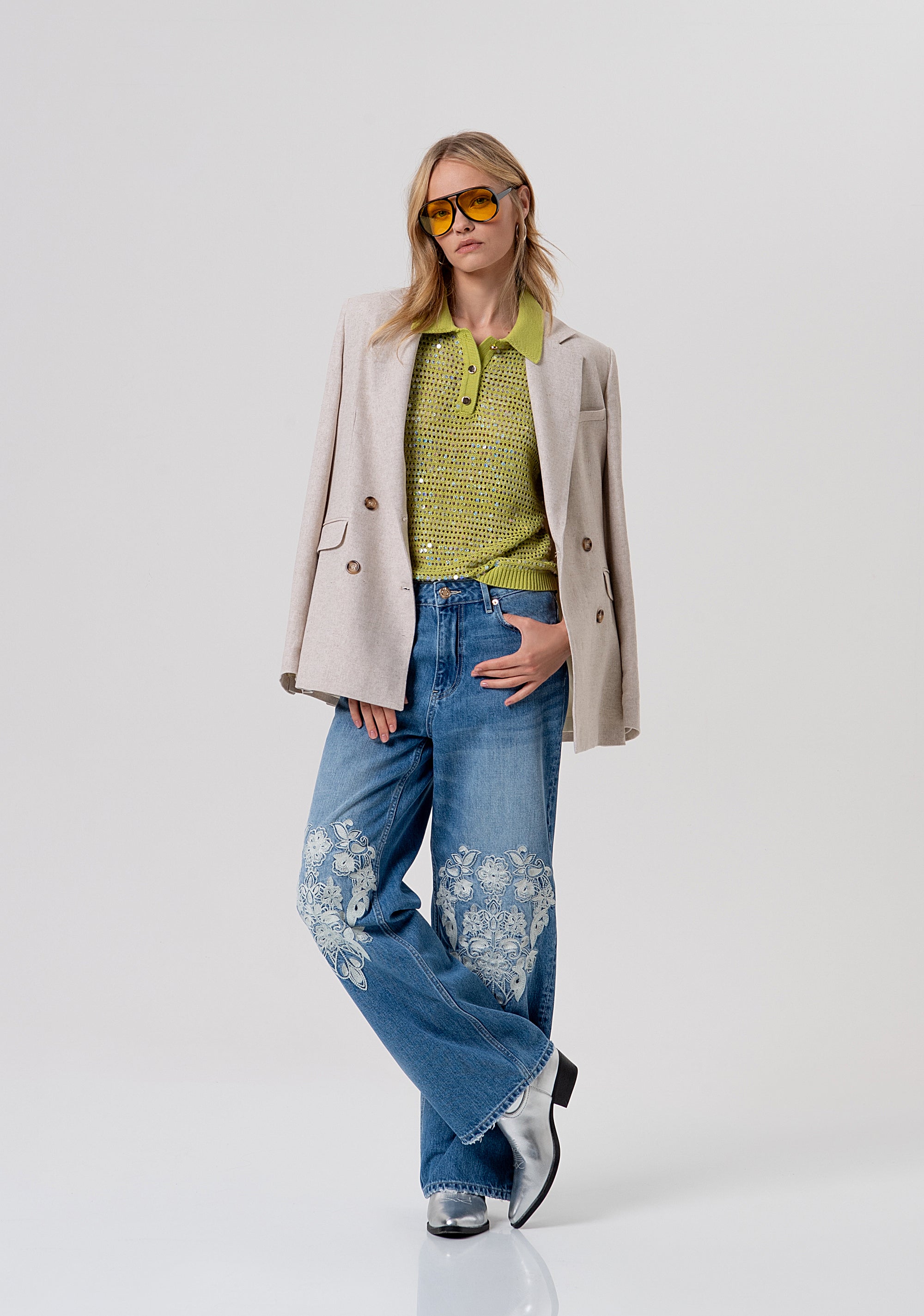 Knitted polo regular fit with openwork and sequins Fracomina FR26ST7022K525R9-813-4