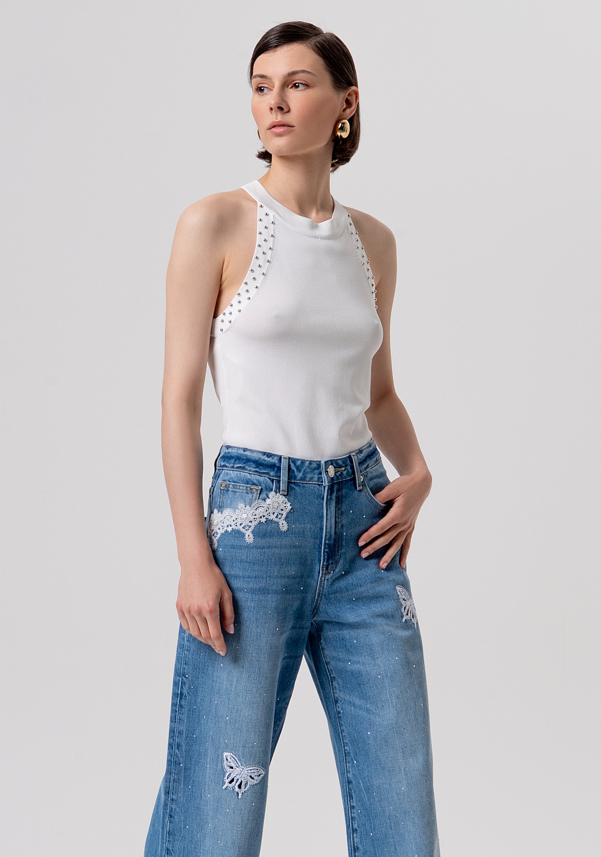 Jeans flare wide leg with middle wash, embroideries and strasses Fracomina FR26SV3015D41903-258-2