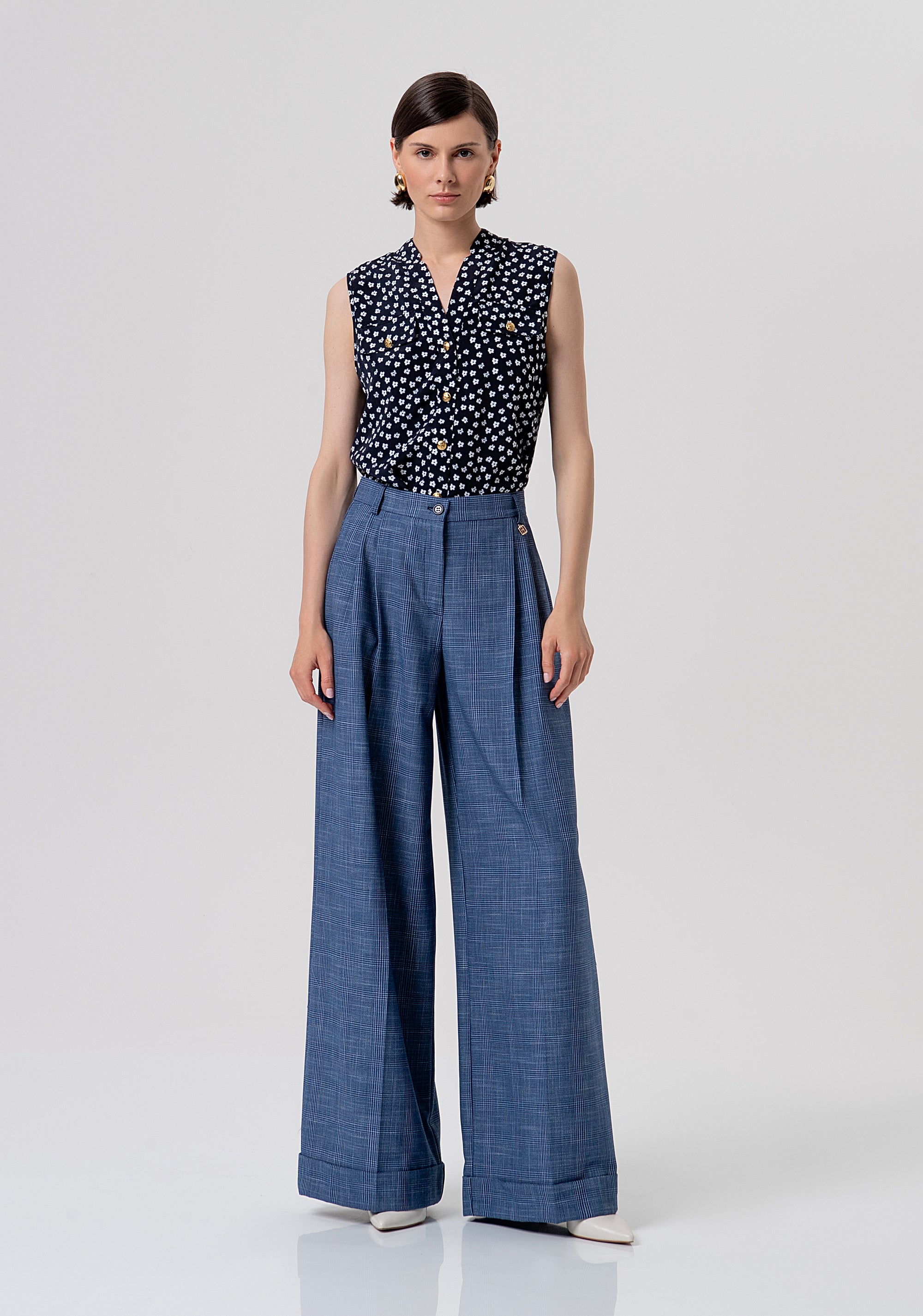 Palazzo pant flare made in Prince of Wales fabric Fracomina FR26SV3032W645O2-166-1