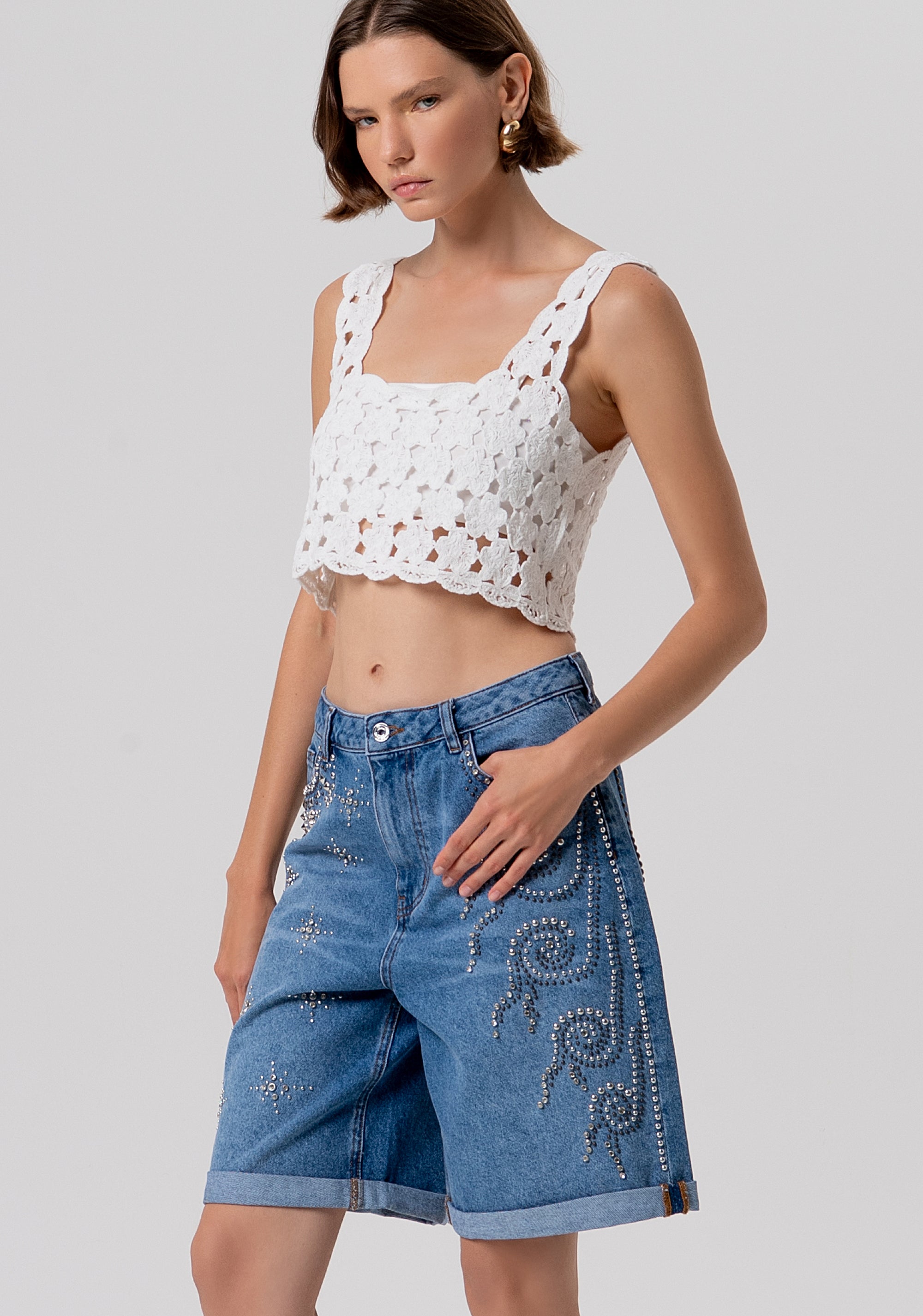 Bermuda flare made in denim with middle wash and shiny applications Fracomina FR26SV6025D419R9-258-2