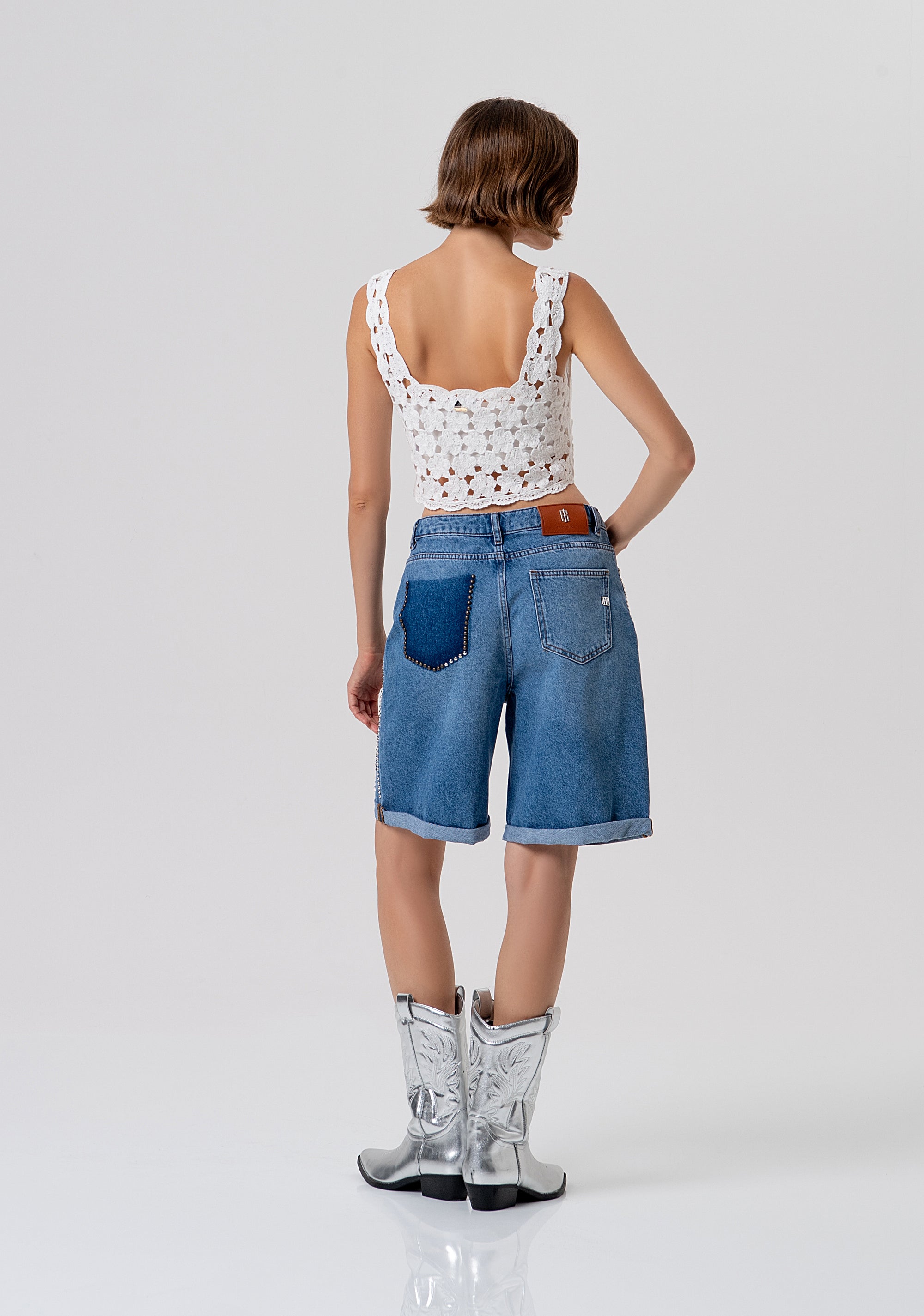 Bermuda flare made in denim with middle wash and shiny applications Fracomina FR26SV6025D419R9-258-3