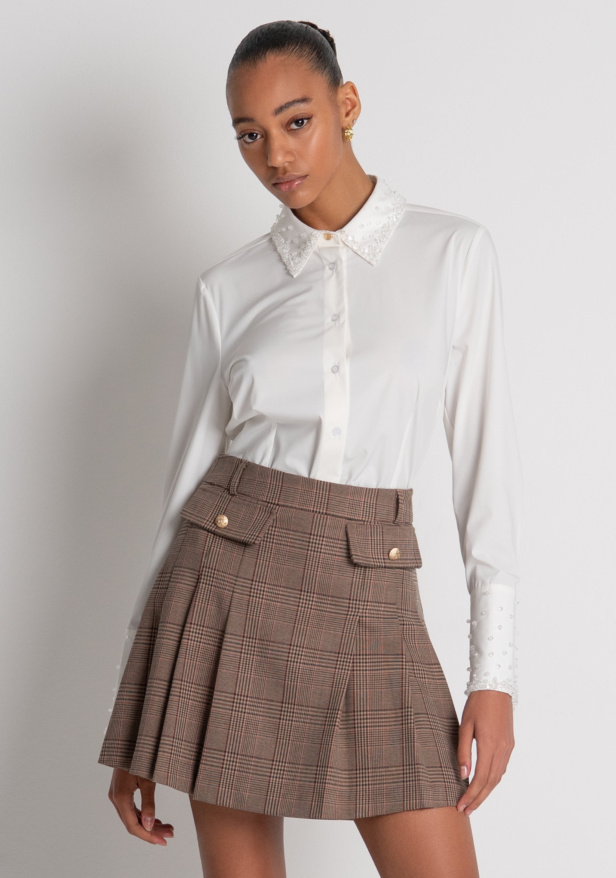 Pleated skirt flare made in Prince of Wales fabric Fracomina FR26WG1006W57595-210-2