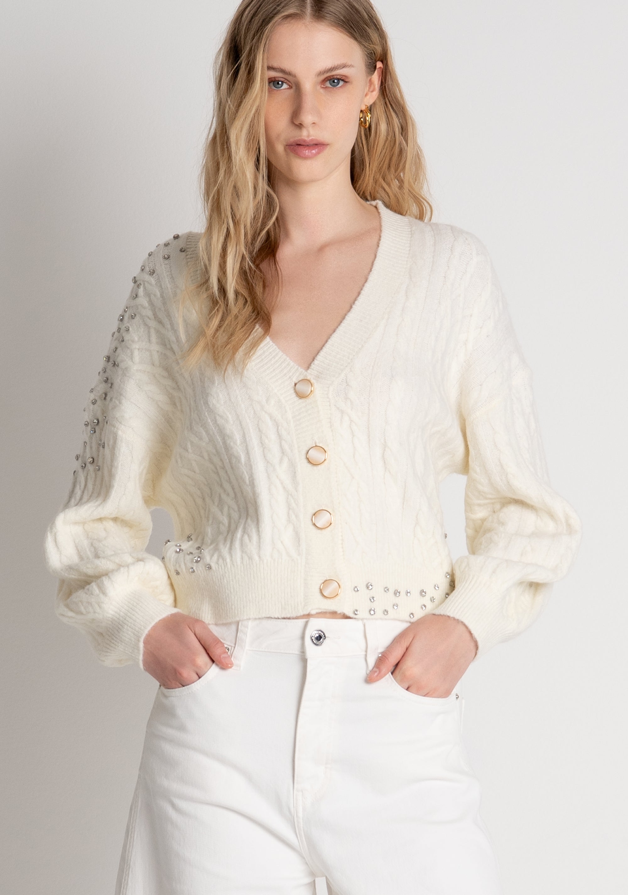 Knitted cardigan over fit, cropped, with cable stitch Fracomina FR26WT8024K457R9-108