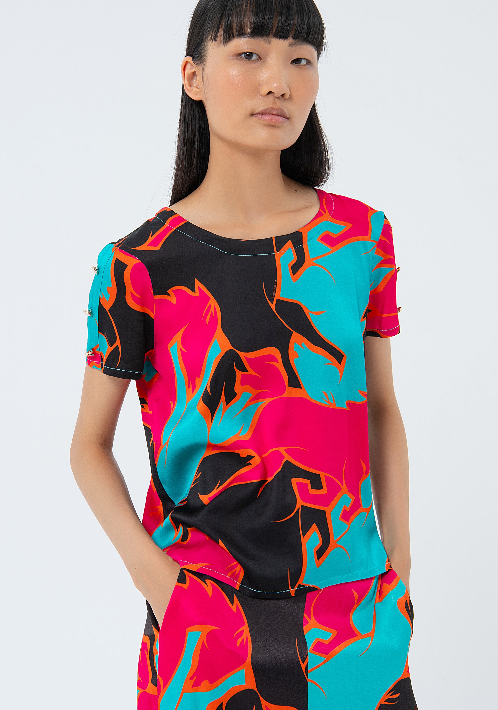 Regular fit blouse with multicolored patterned crew neck Fracomina FS24ST1006W713N4-S61-1