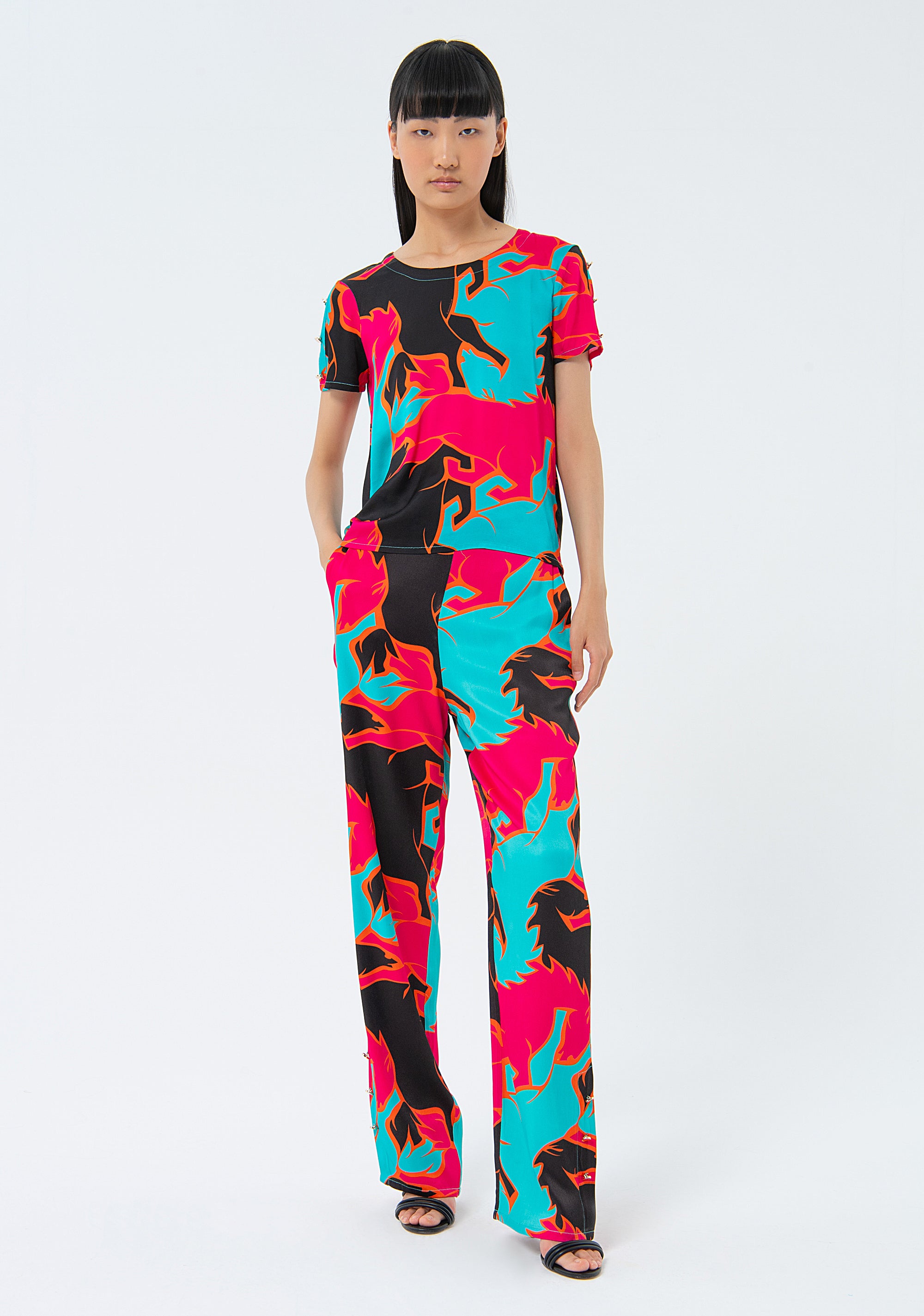 Regular fit blouse with multicolored patterned crew neck Fracomina FS24ST1006W713N4-S61-2