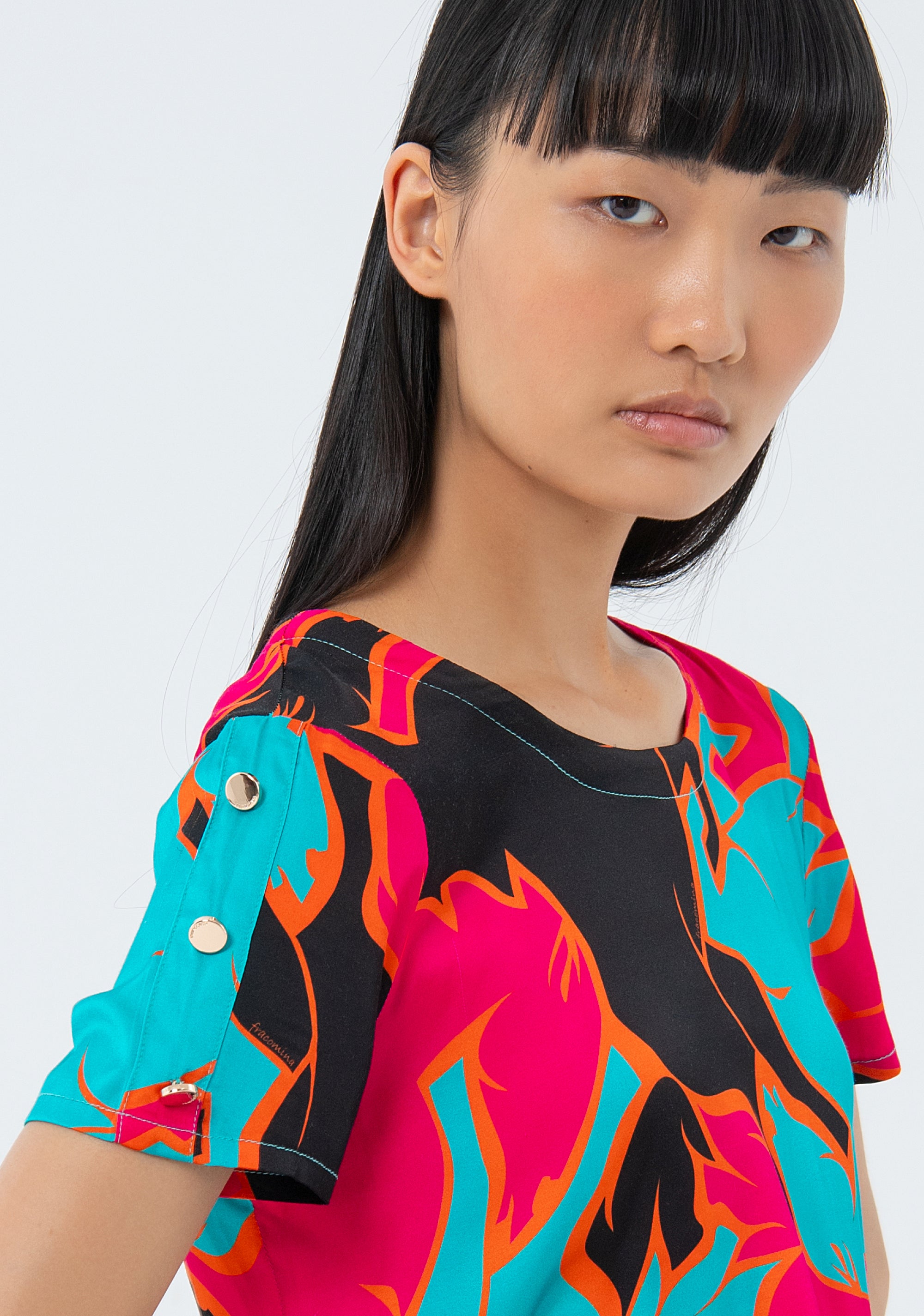 Regular fit blouse with multicolored patterned crew neck Fracomina FS24ST1006W713N4-S61-3