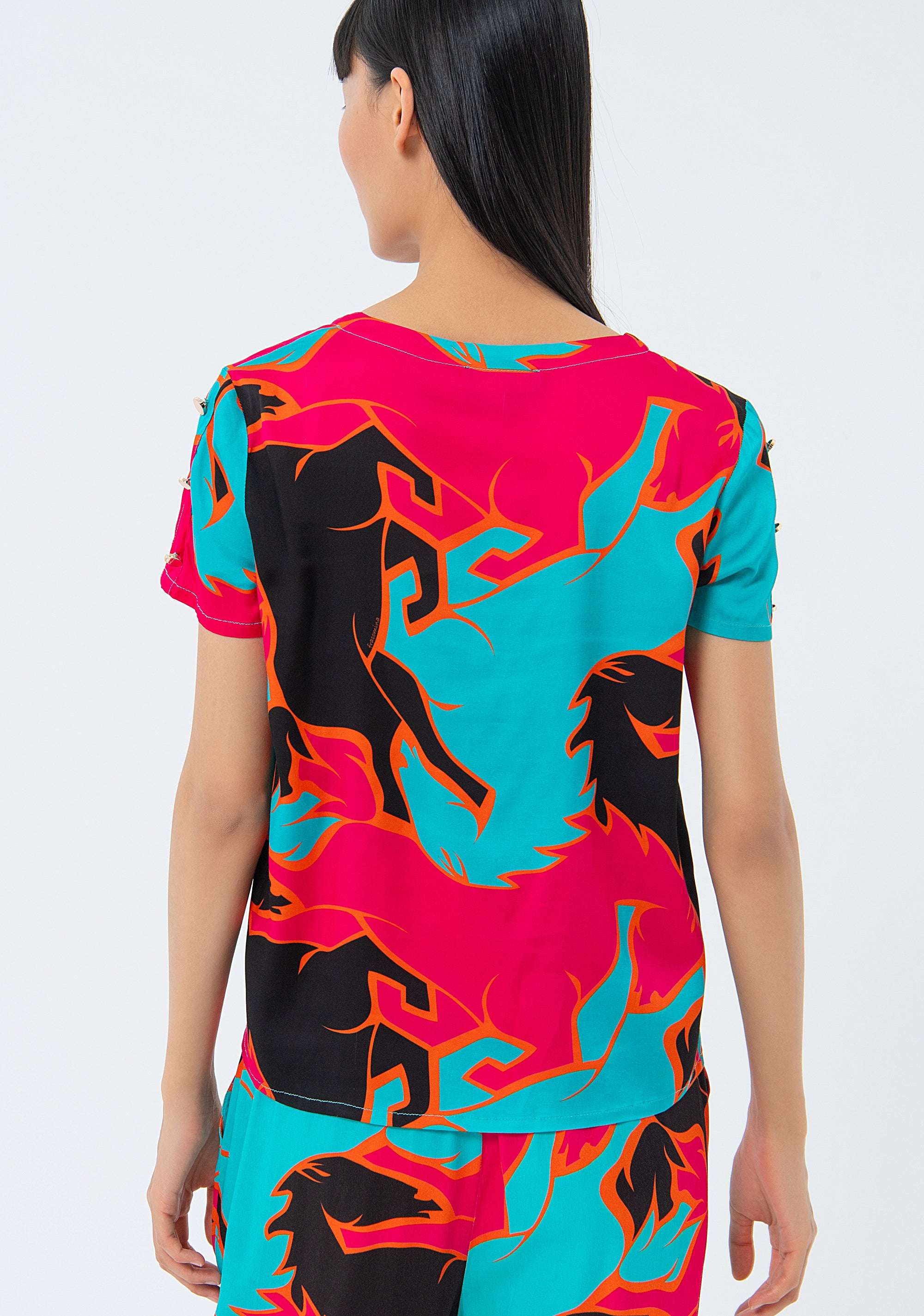 Regular fit blouse with multicolored patterned crew neck Fracomina FS24ST1006W713N4-S61-4