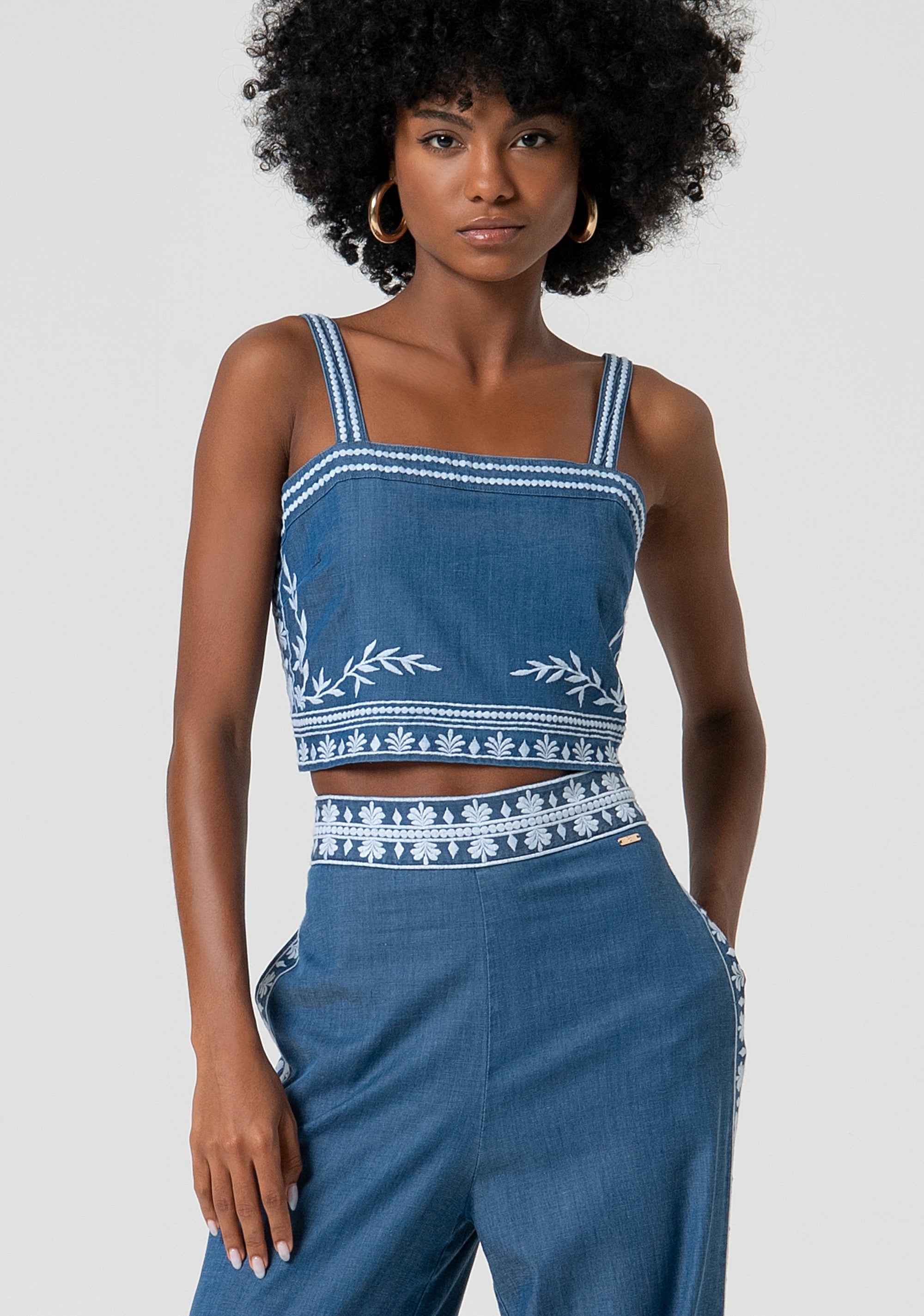 Tank top cropped made in chambray with embroideries Fracomina FS25ST2008W792E5-175-1
