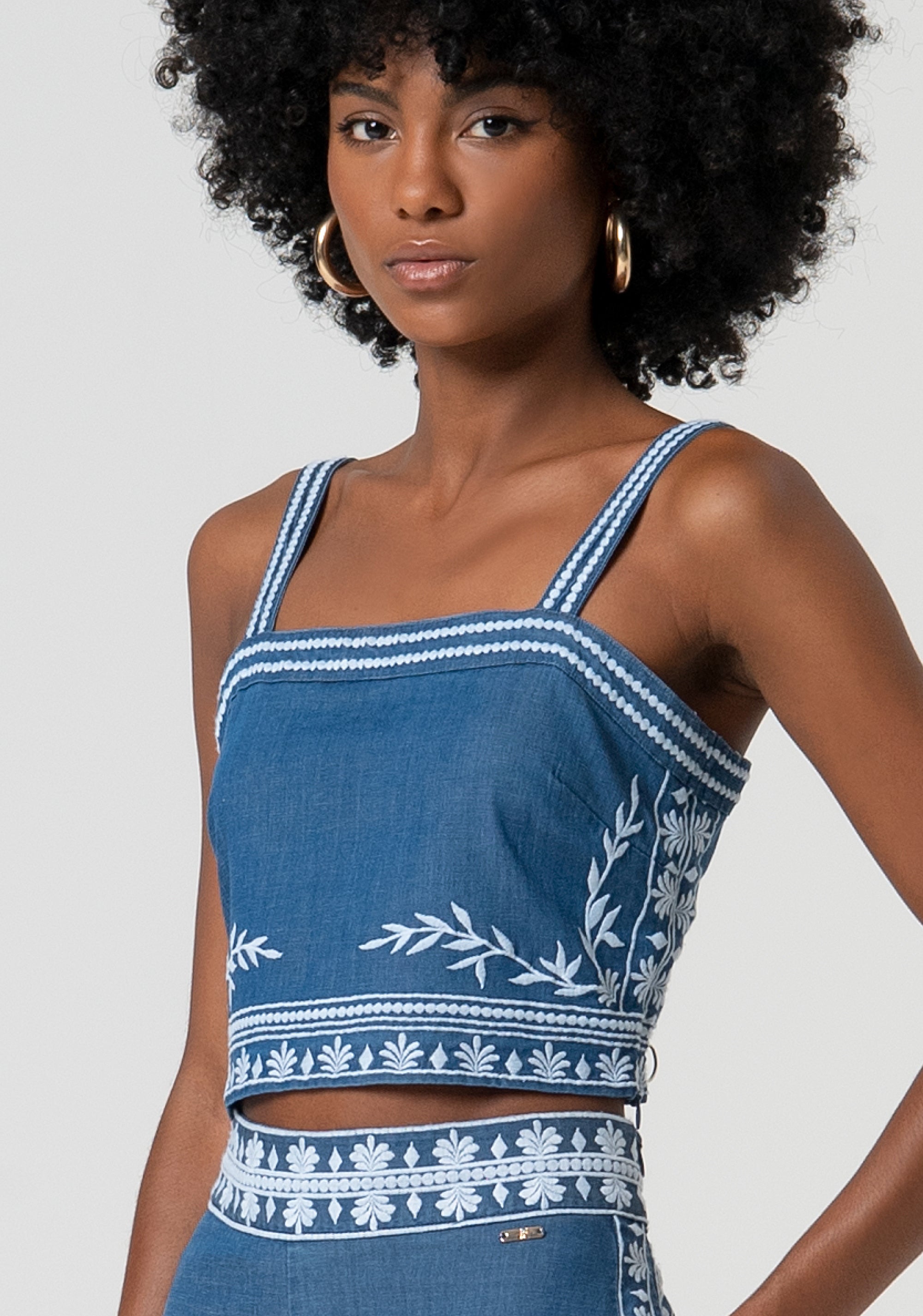 Tank top cropped made in chambray with embroideries Fracomina FS25ST2008W792E5-175-2