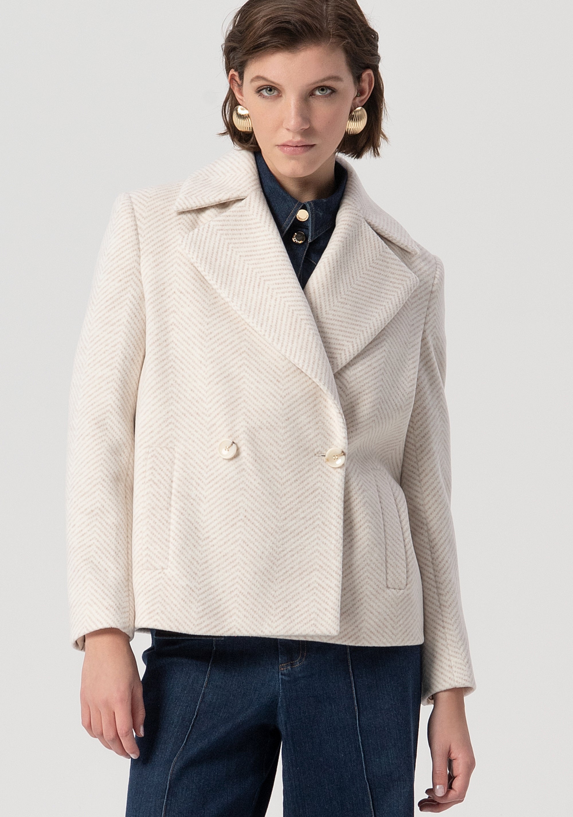Caban coat regular fit double breasted made in herringbone fabric Fracomina FS25WC1010W820K6-050-1