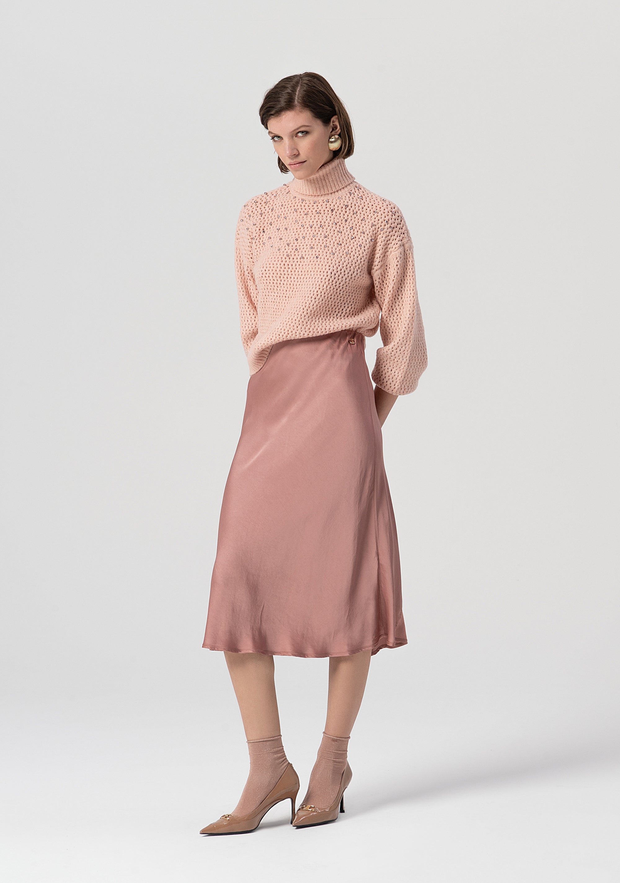 Skirt flared middle length made in satin Fracomina FS25WG2005W45101-238-2