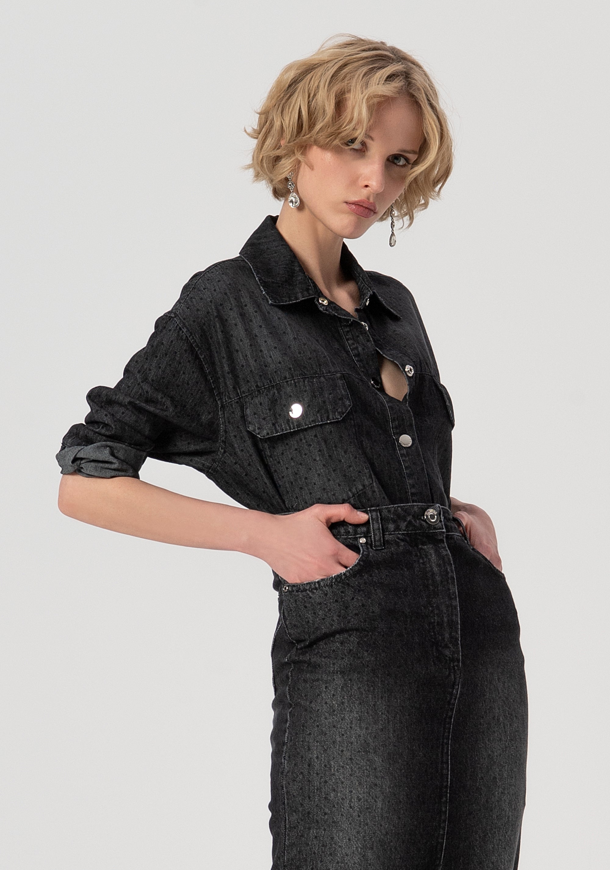 Skirt slim fit middle length made in black denim with middle wash Fracomina FS25WG5001D40001-553-2
