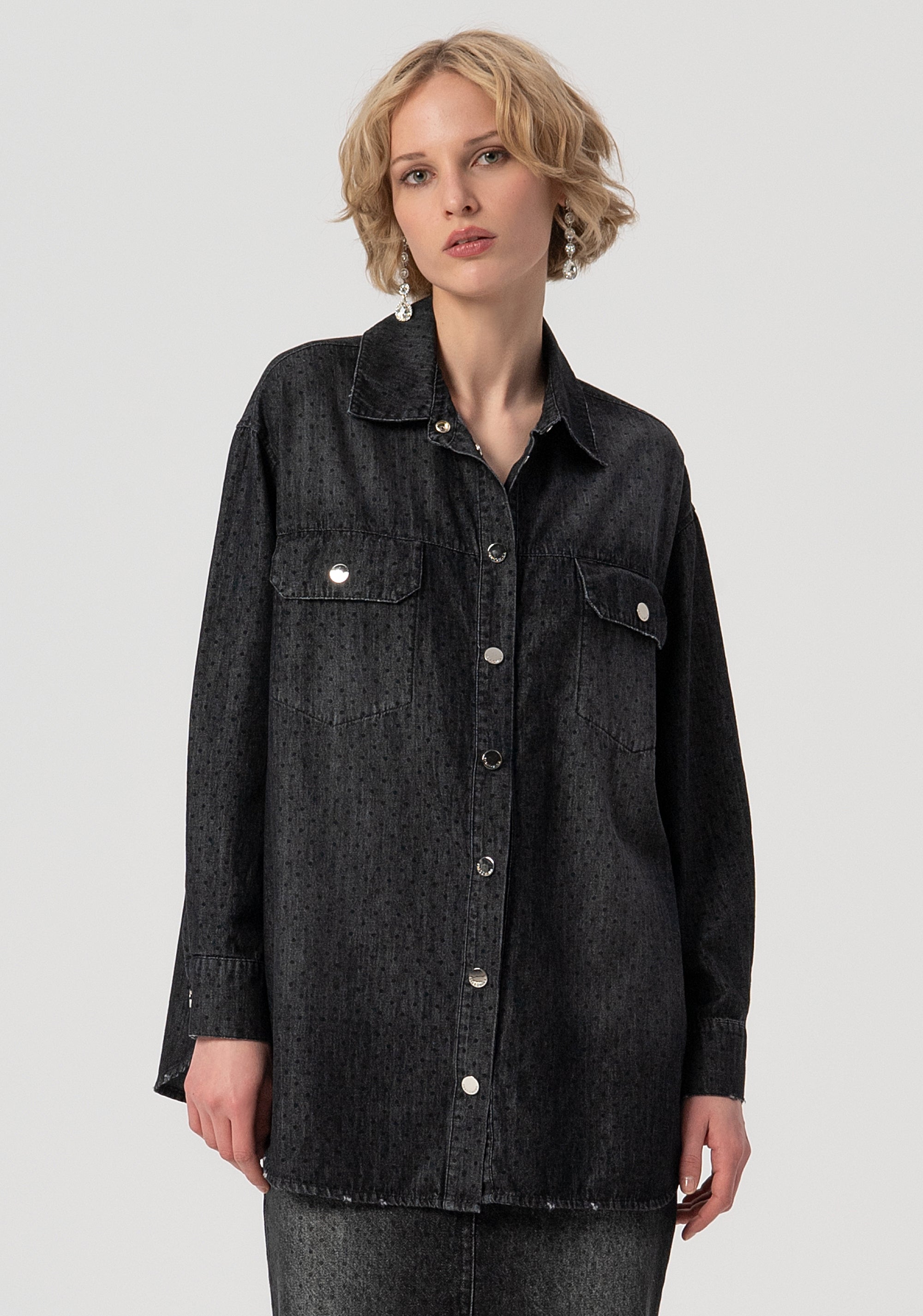 Shirt over fit made in black denim with polka dots pattern and middle wash Fracomina FS25WT6005D40001-553-1