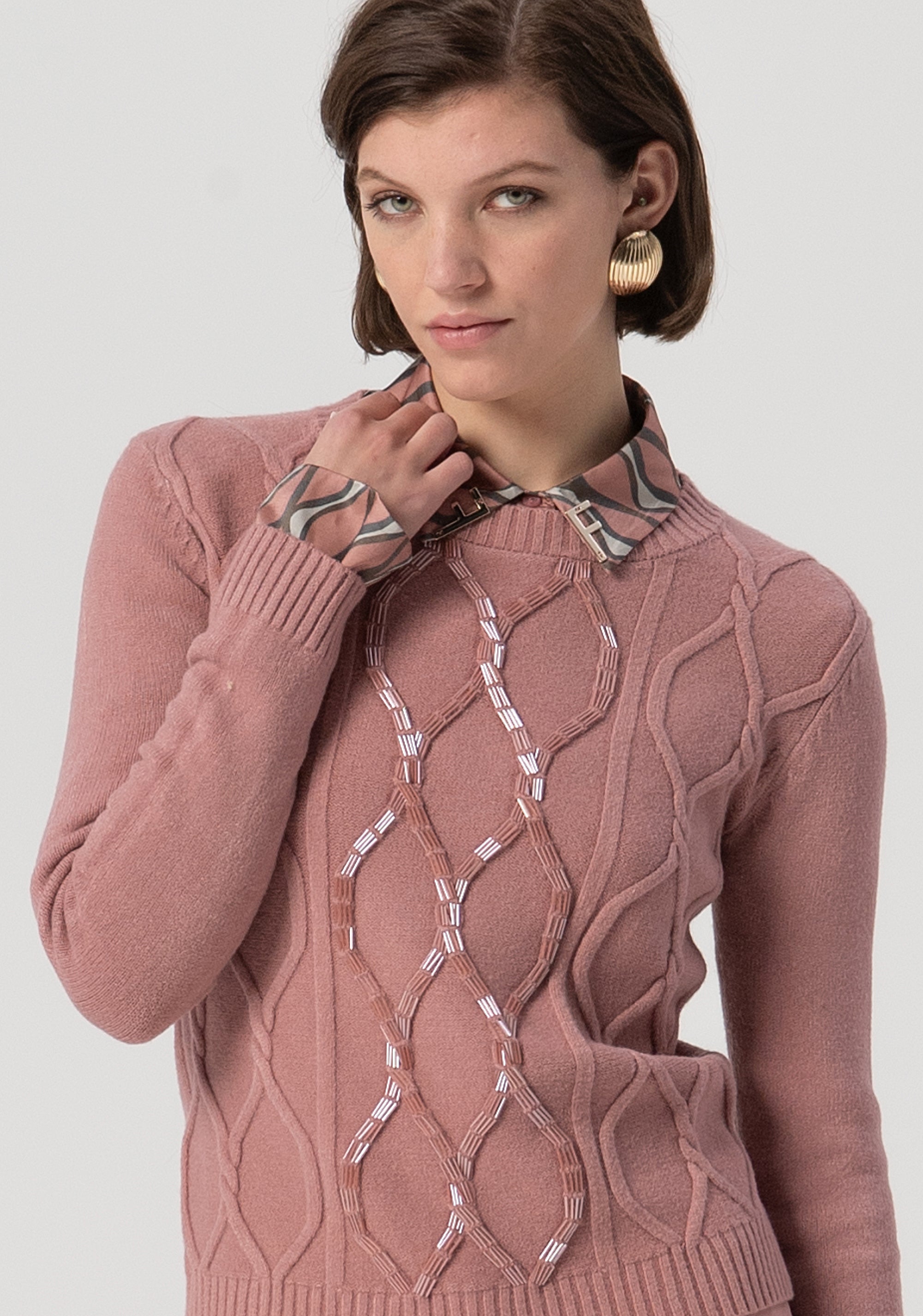 Knitwear slim fit with plaits and sequins applied Fracomina FS25WT7012K50201-238-2