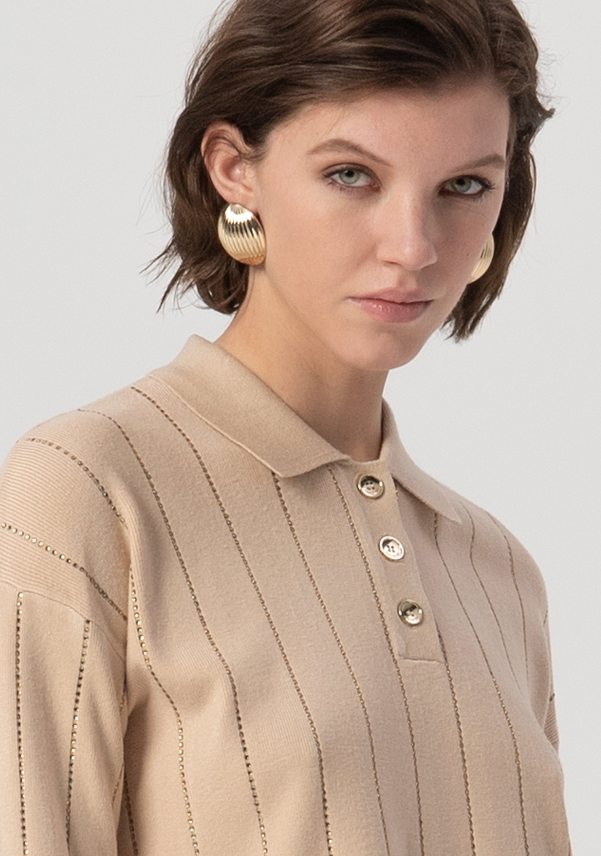 Knitted polo regular fit with plaits and strasses applied Fracomina FS25WT7019K50401-050-2