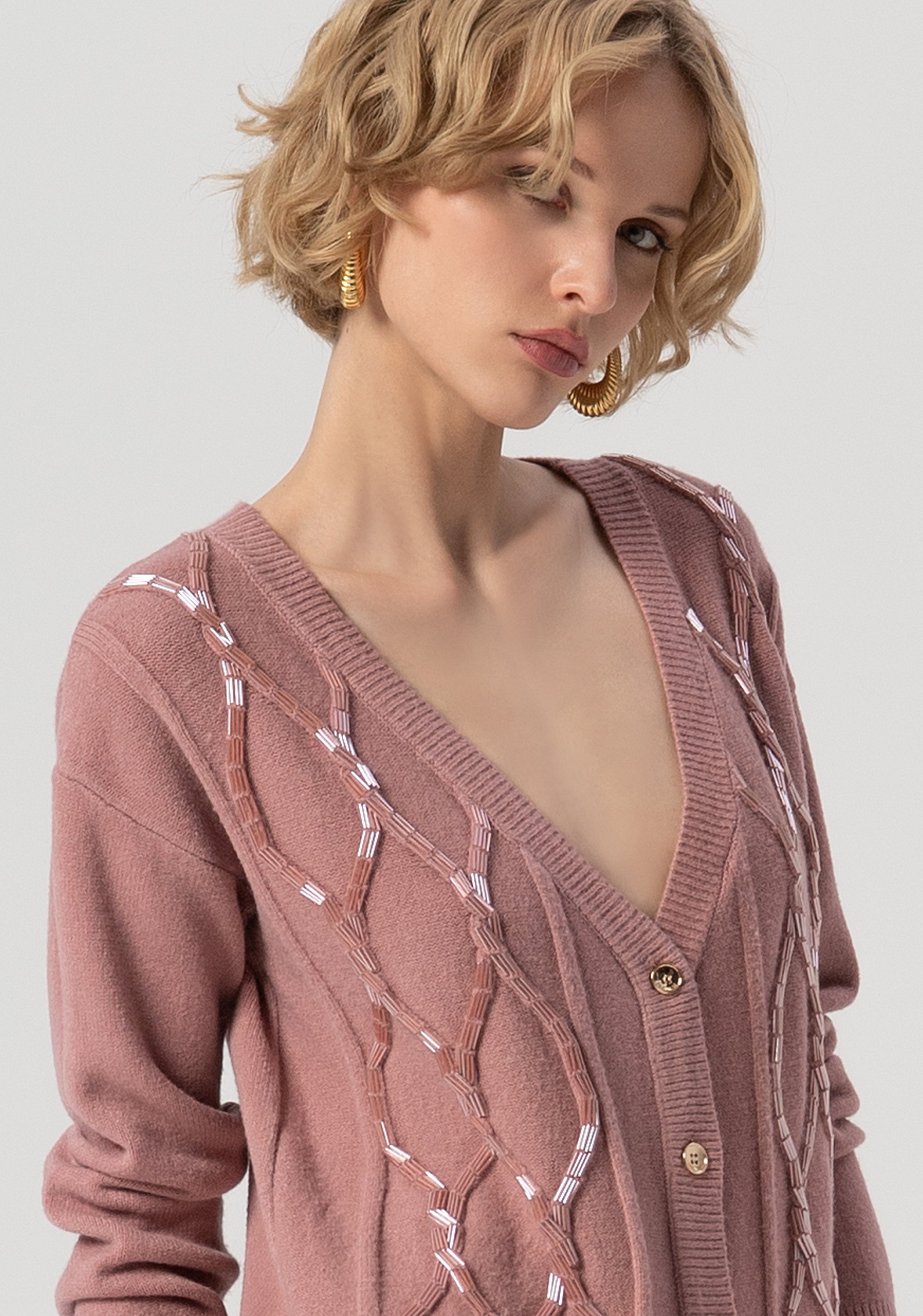 Cardigan over fit with plaits and sequis applied Fracomina FS25WT8007K50201-238-2