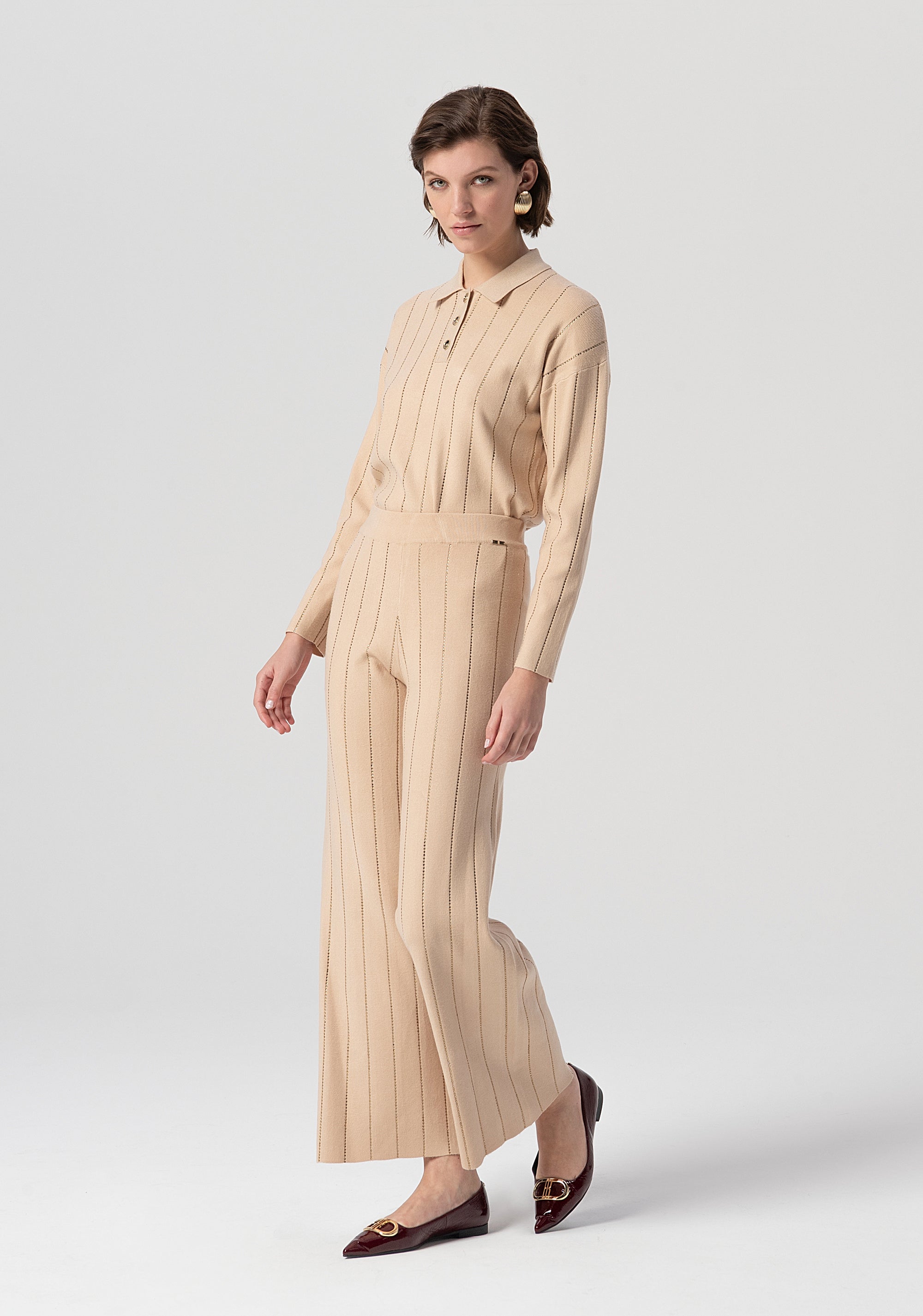 Knitted palazzo pant flare with ribs and strasses applied Fracomina FS25WV3002K50401-050-2