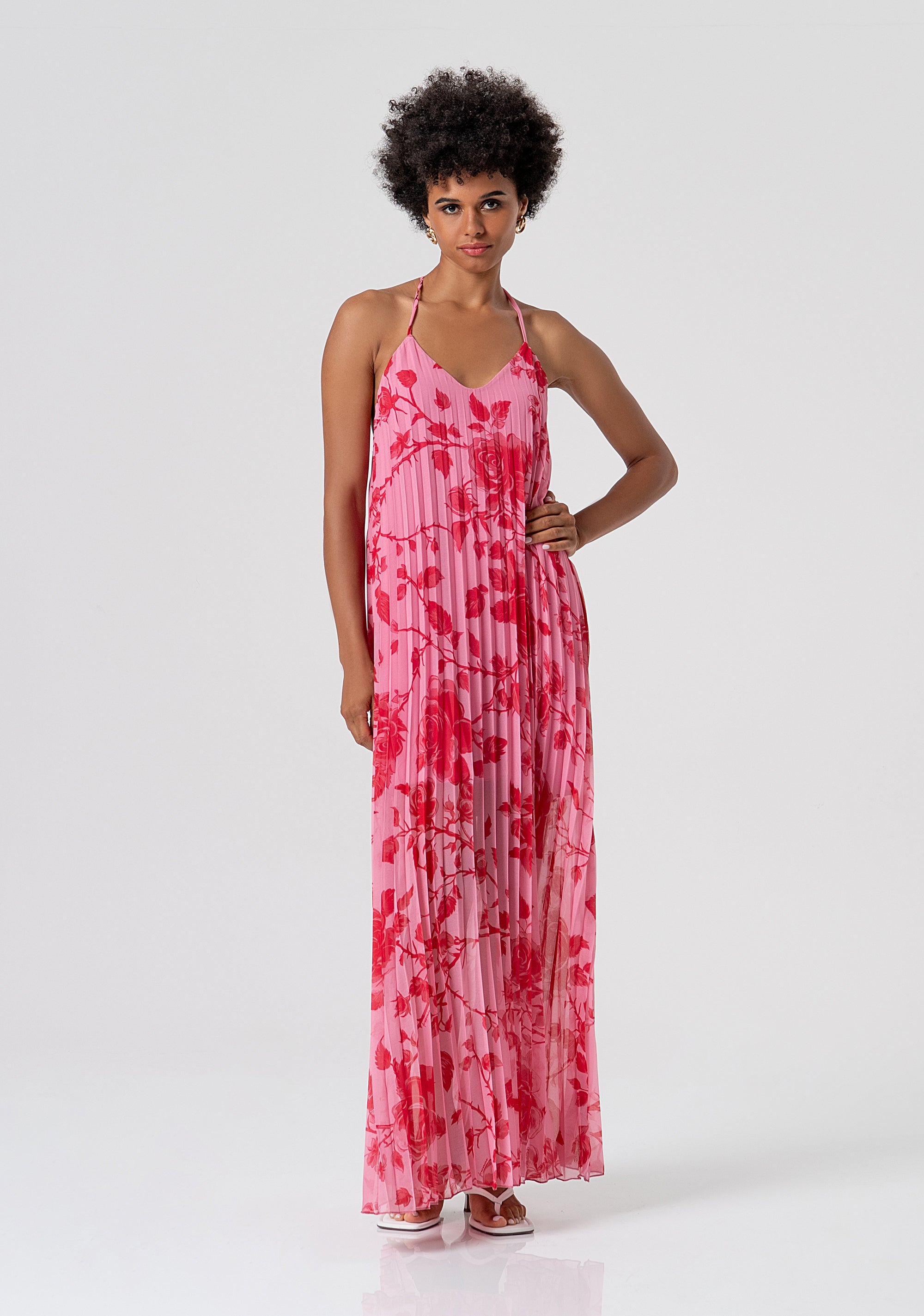 Long sleeveless dress made in georgette with plissè effect with flowery pattern Fracomina FS26SD3002W412K9-G54-1