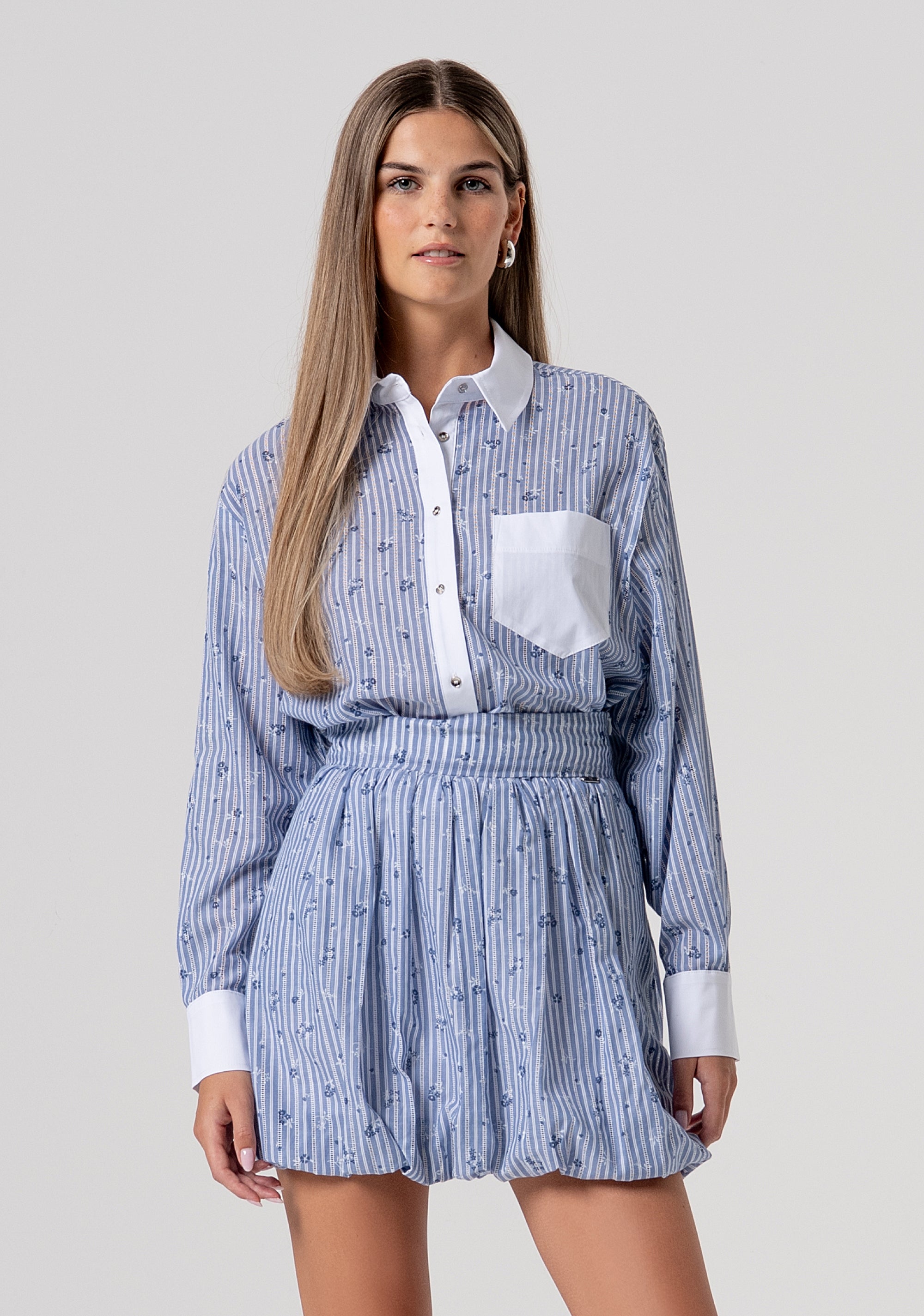 Skirt flare balloon fit made in popeline with stripes and flowers Fracomina FS26SG1005W400N8-L62-2