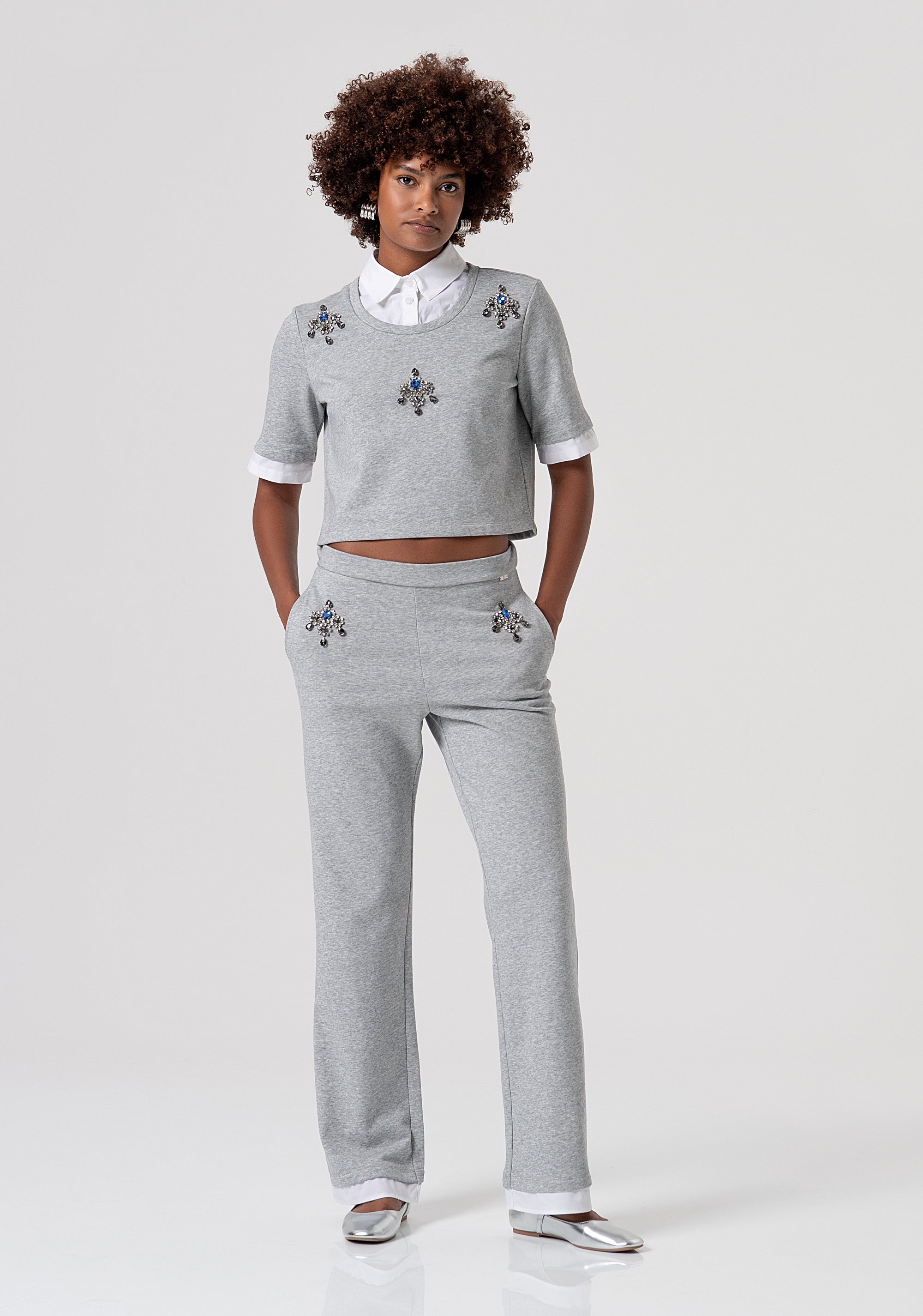 Palazzo pant flare made in fleece with jewel applications Fracomina FS26SV3003F408R9-156-1