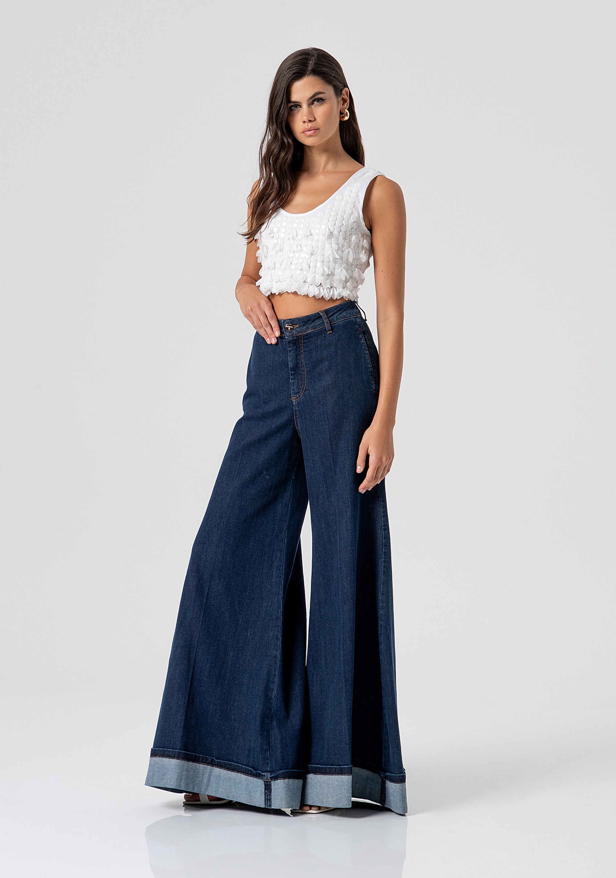 Flare palazzo pant jeans made in denim with dark wash Fracomina FS26SV3017D40193-365-3