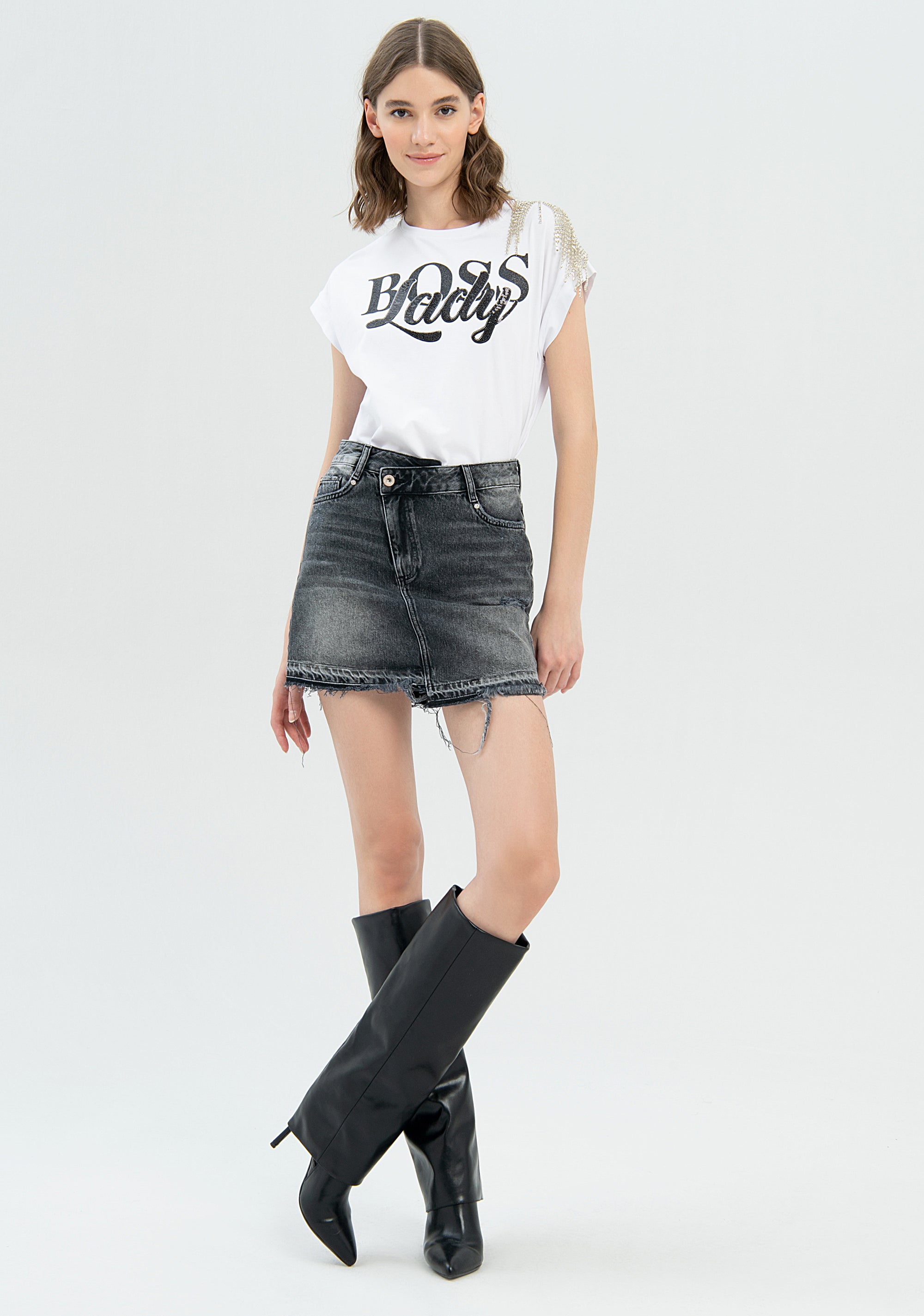 Mini skirt slim fit made in black denim with strong wash Fracomina FP22WG5002D419P2-L26