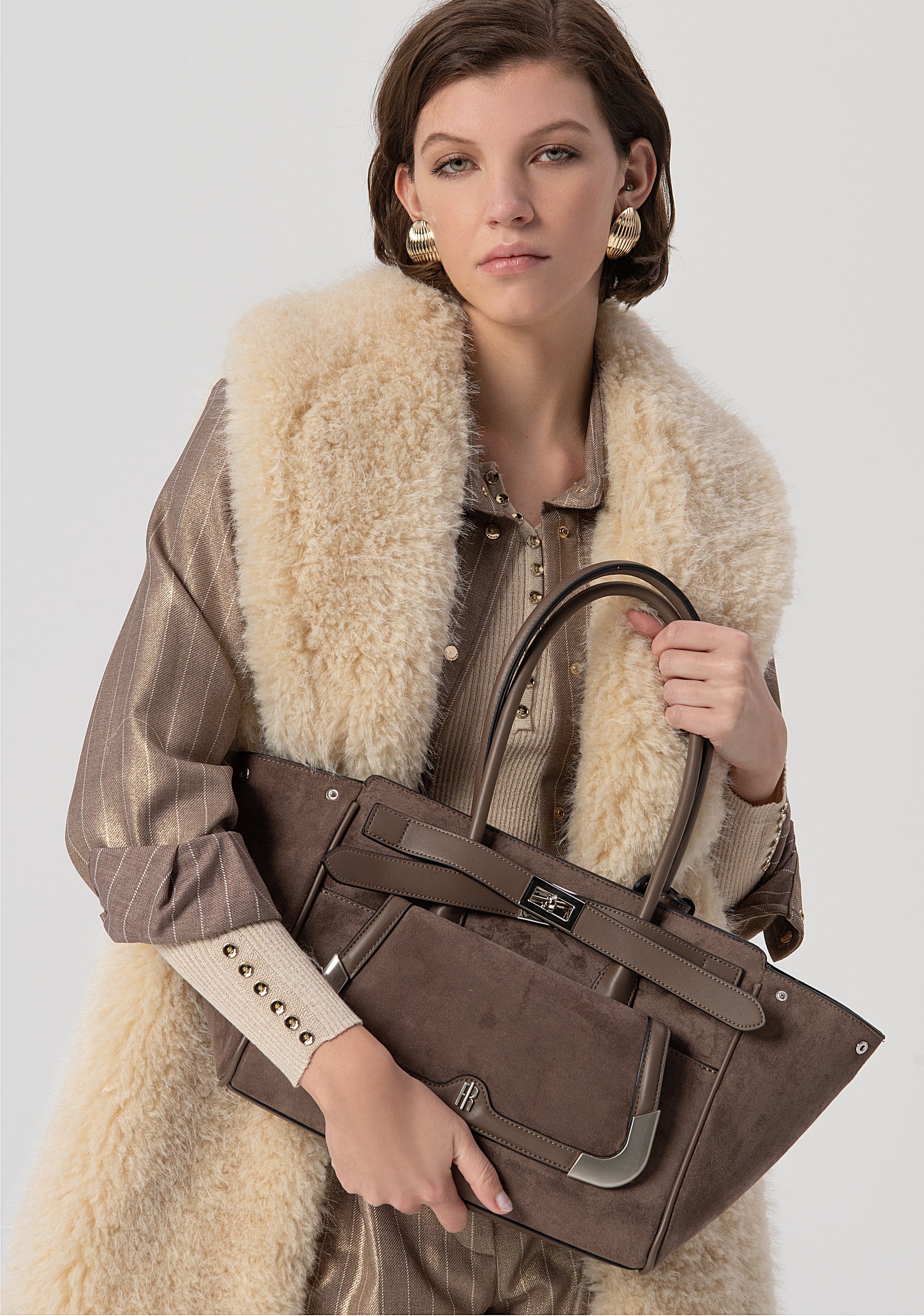 Structured Tote Bag in Faux Suede with Metallic Details Fracomina FB25WB1001P45401-G16