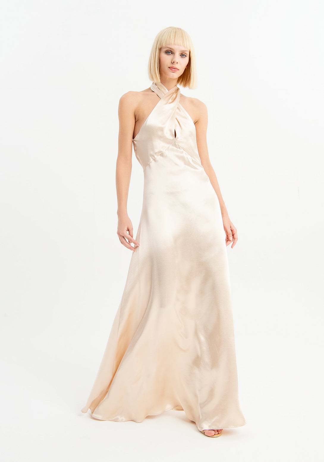 Long satin dress with crossover neckline