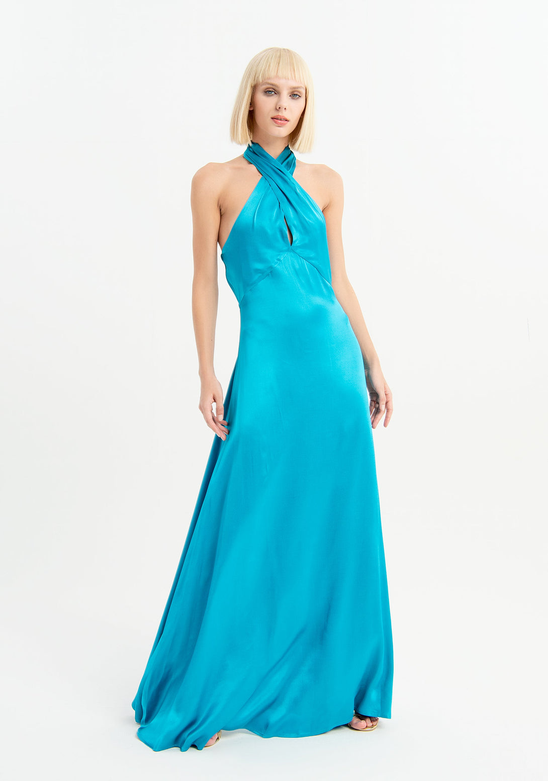 Long satin dress with crossover neckline