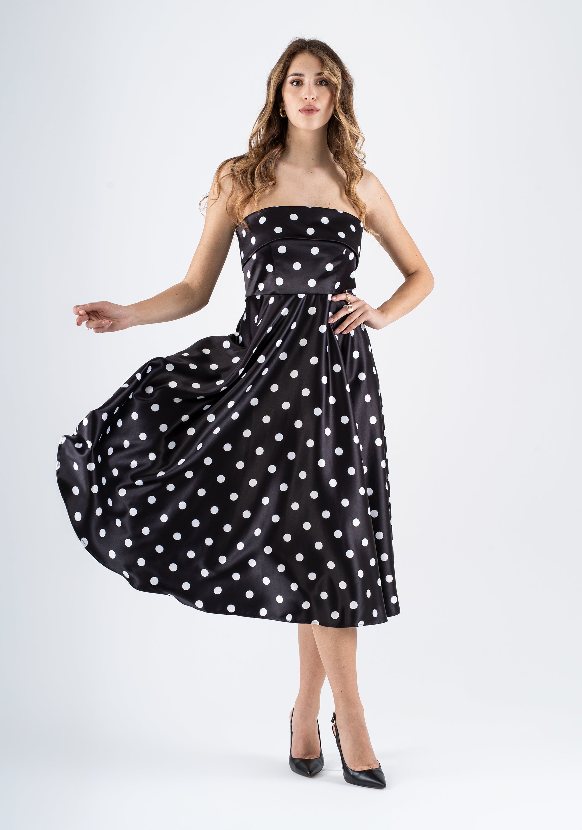 Polka dot midi dress with straight neckline and structured bodice Fracomina FI25SD2002W755D2-060_1