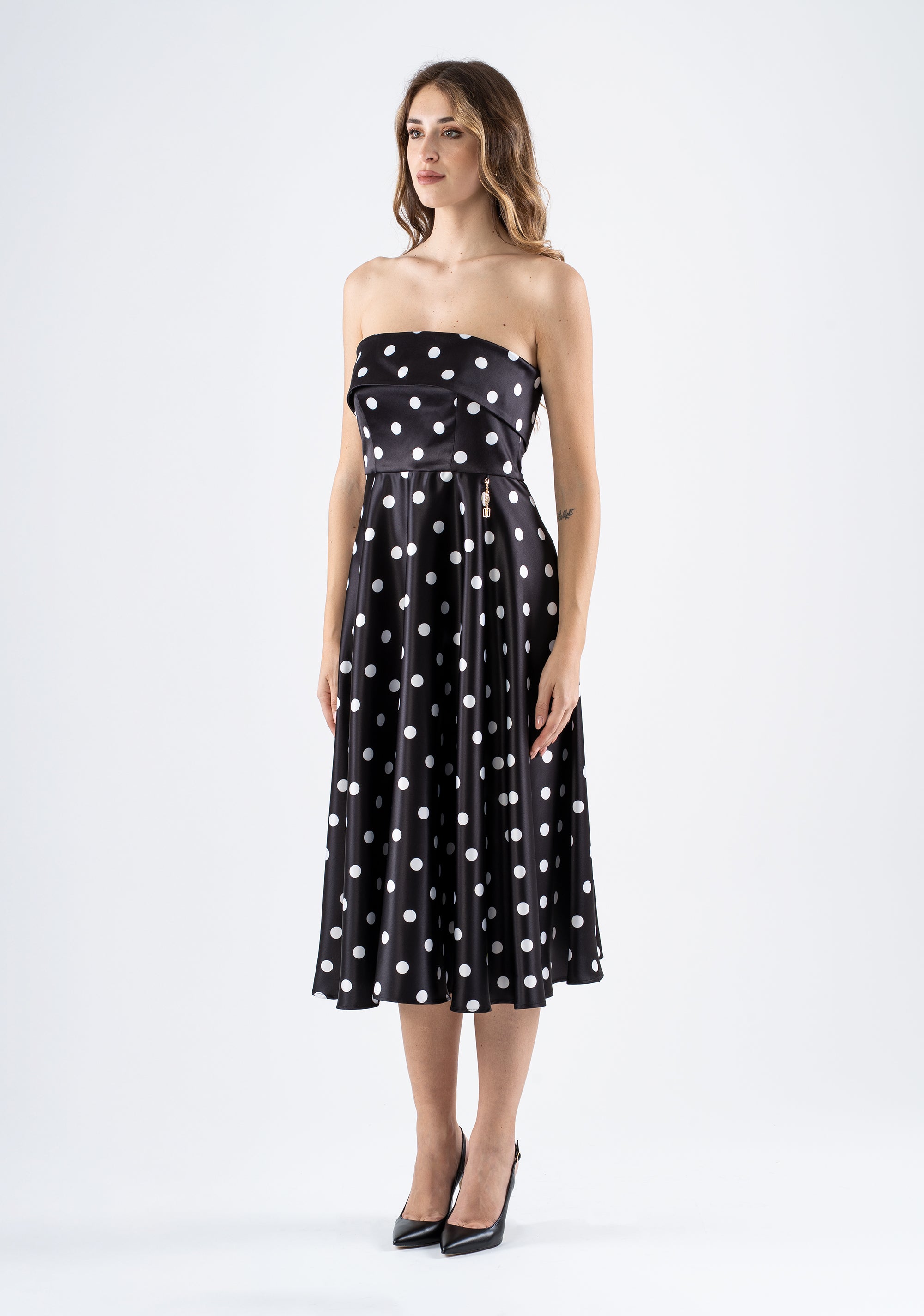 Polka dot midi dress with straight neckline and structured bodice Fracomina FI25SD2002W755D2-060_5