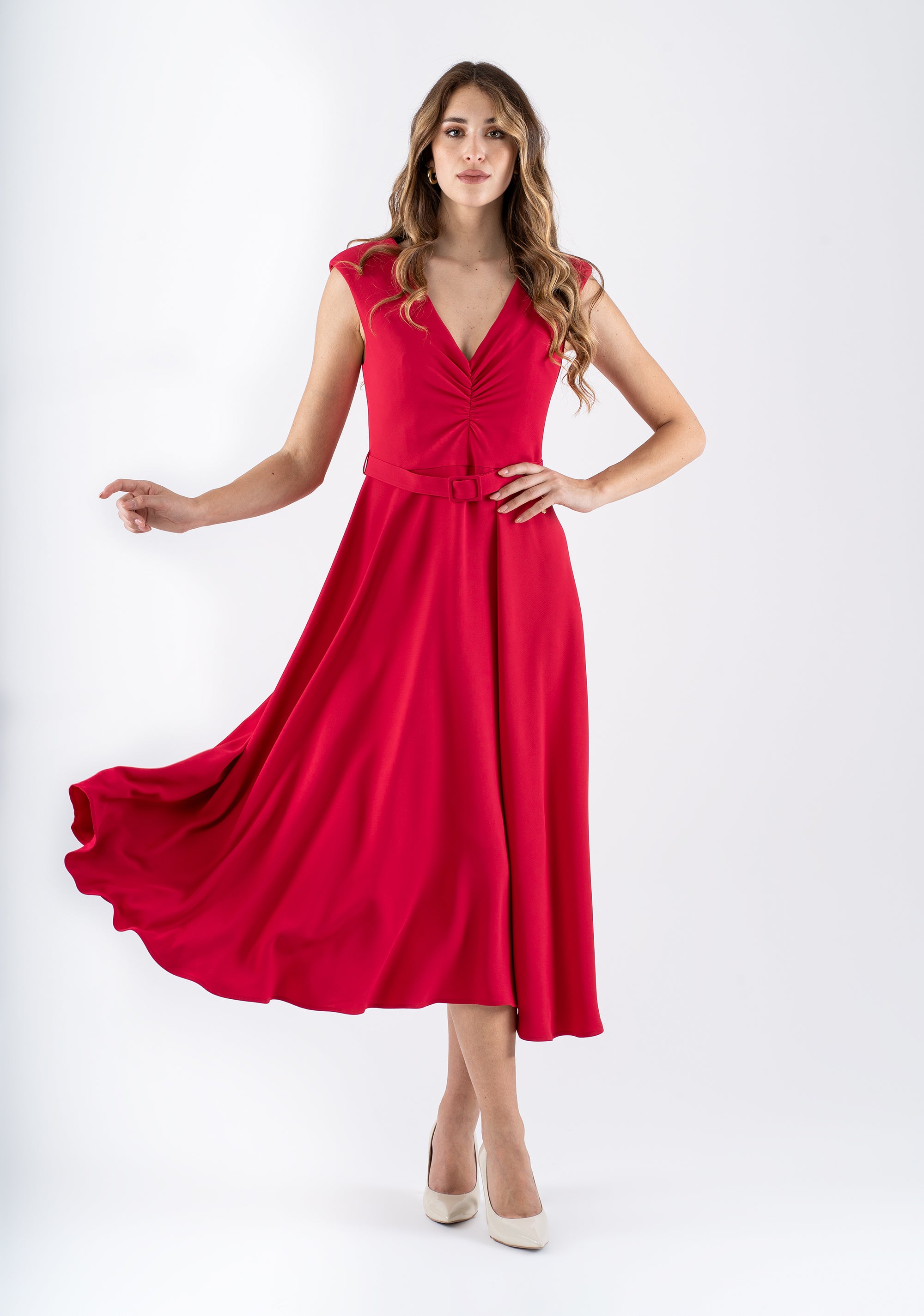 Flared midi dress with V-neckline and belt Fracomina FI25SD2003W47601-689_2