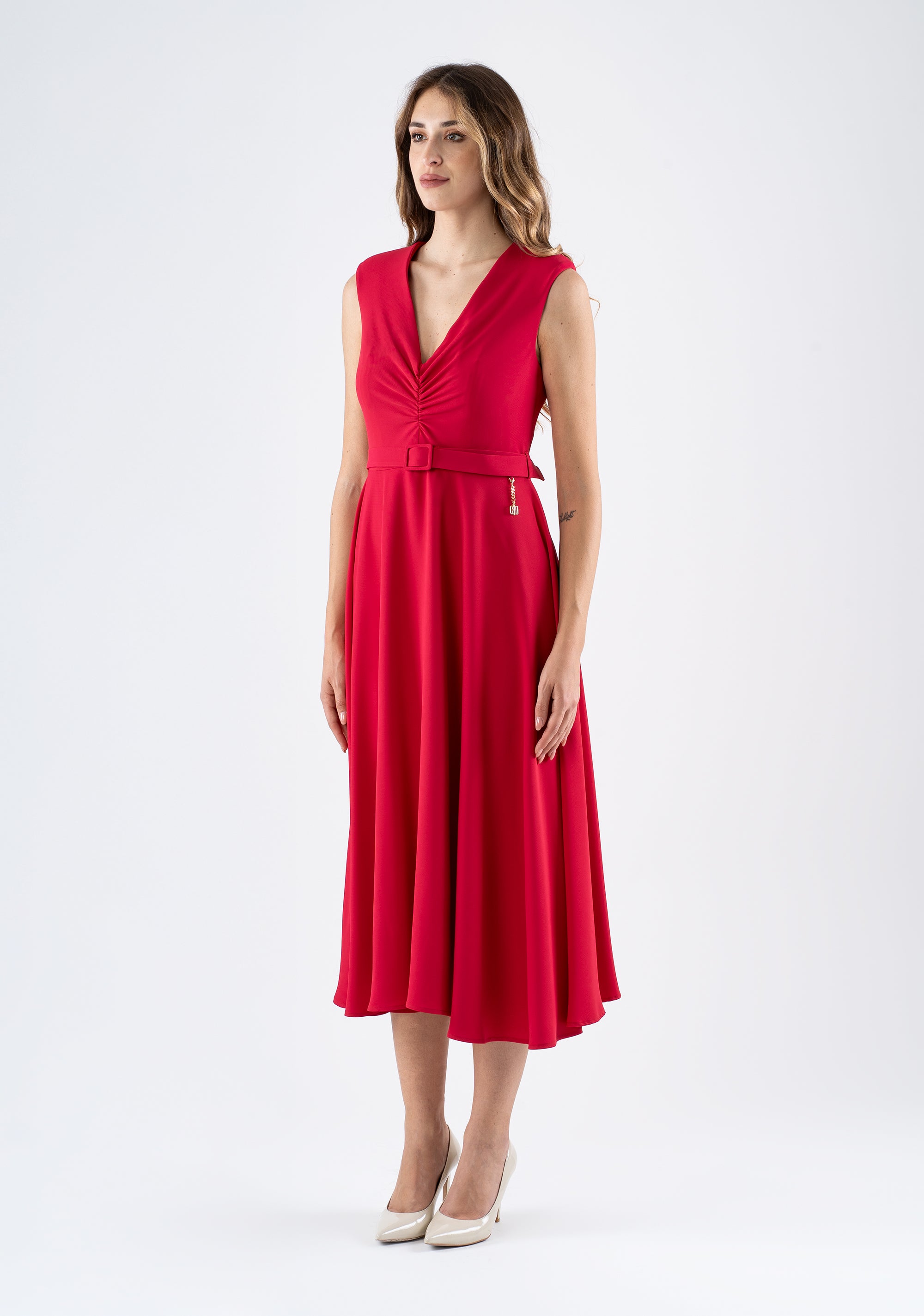 Flared midi dress with V-neckline and belt Fracomina FI25SD2003W47601-689_4