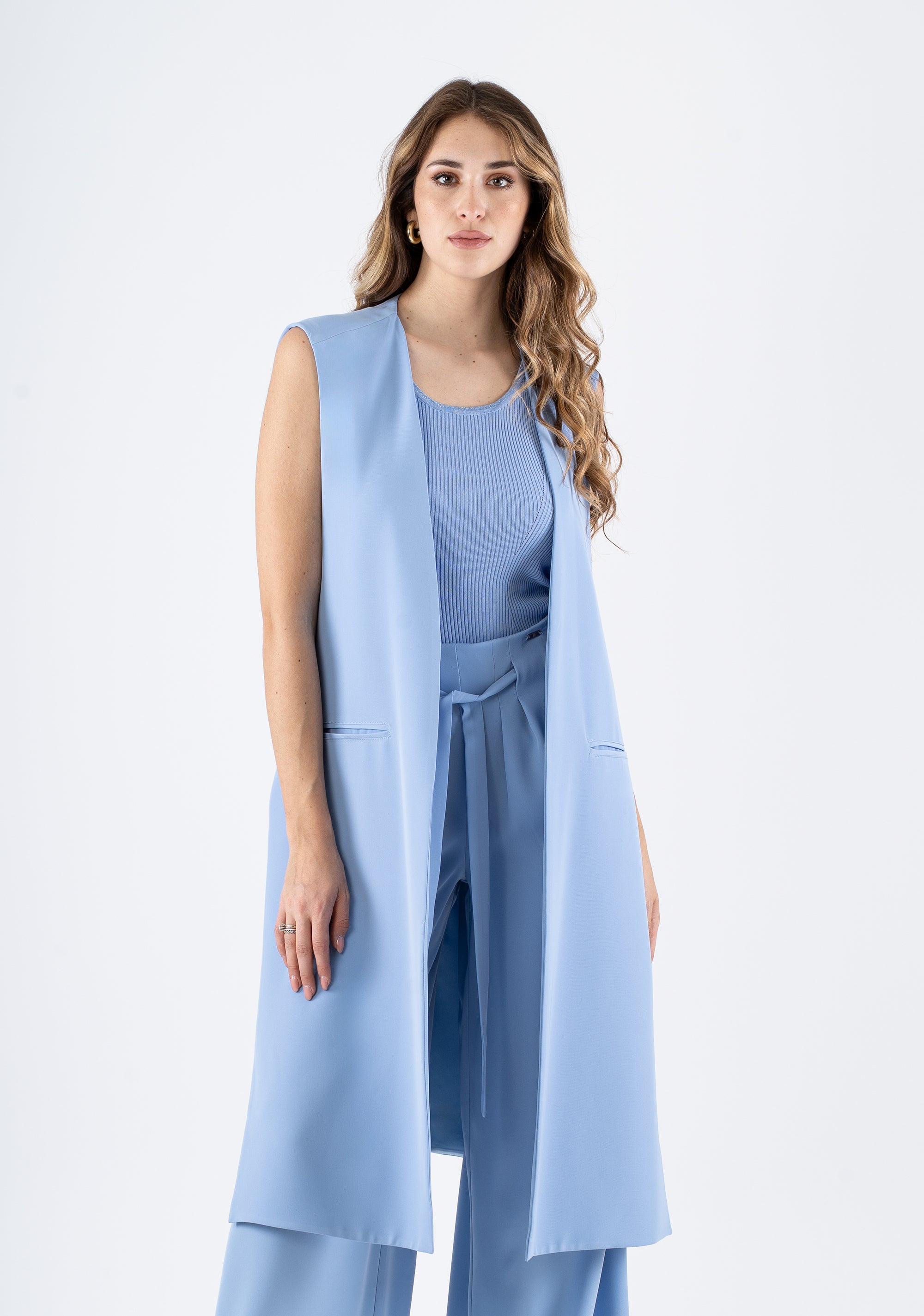 Long Sleeveless Vest in Coral Flowing Fabric Fracomina FI25SJ3002W47601-252_1