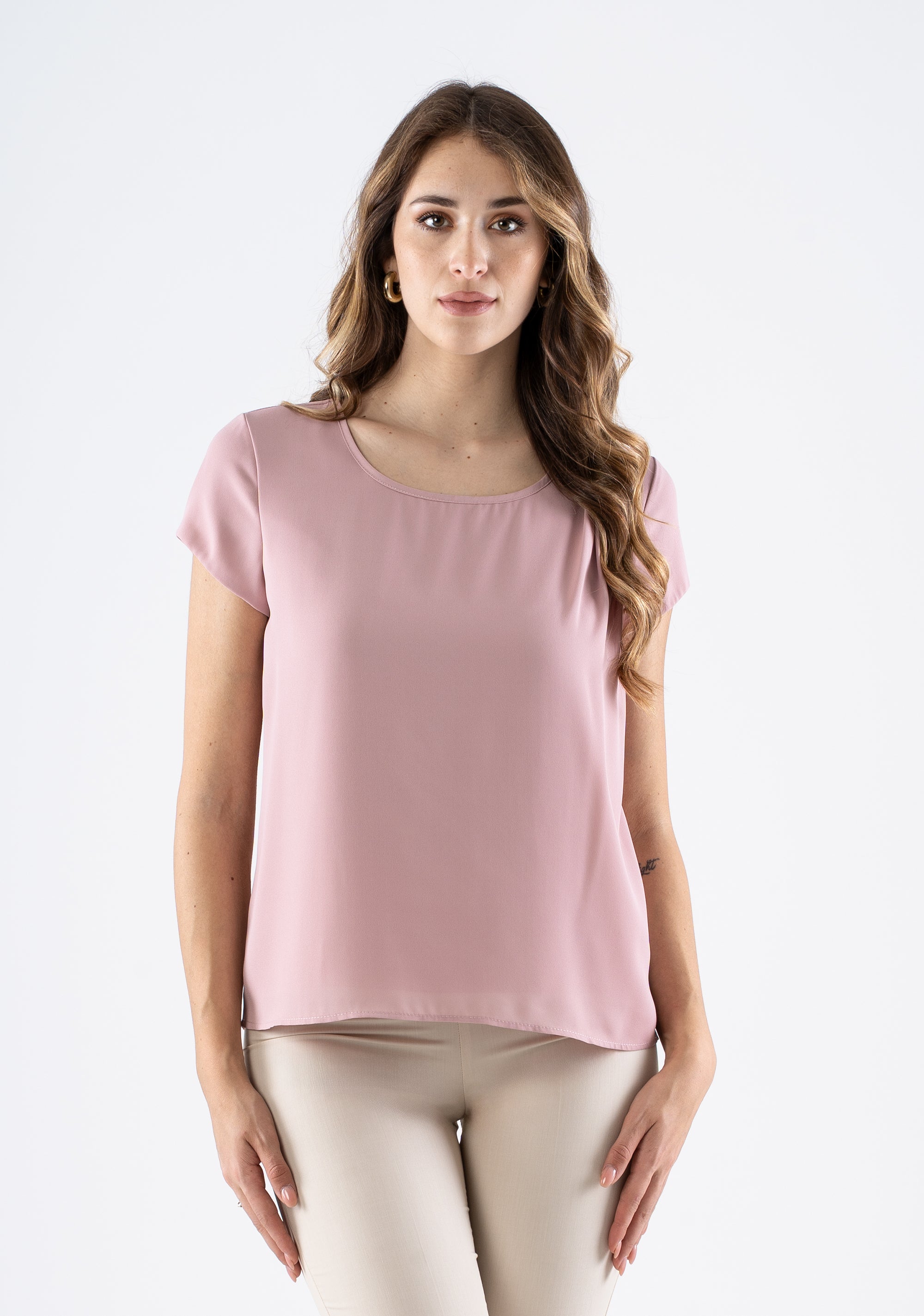 Short-sleeve round-neck blouse with draped detail Fracomina FI25ST1001W41201-226_1