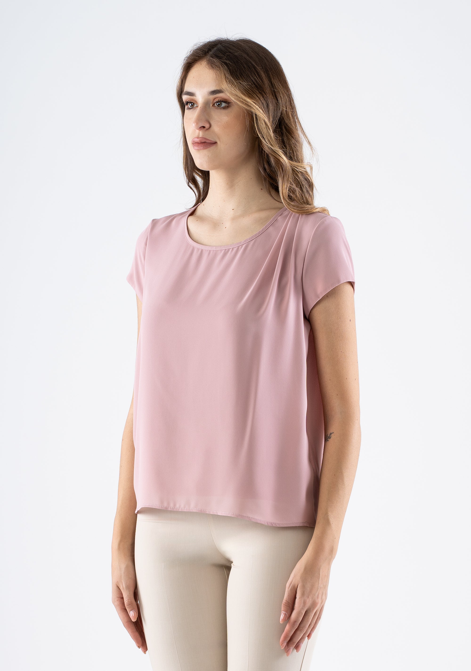 Short-sleeve round-neck blouse with draped detail Fracomina FI25ST1001W41201-226_3