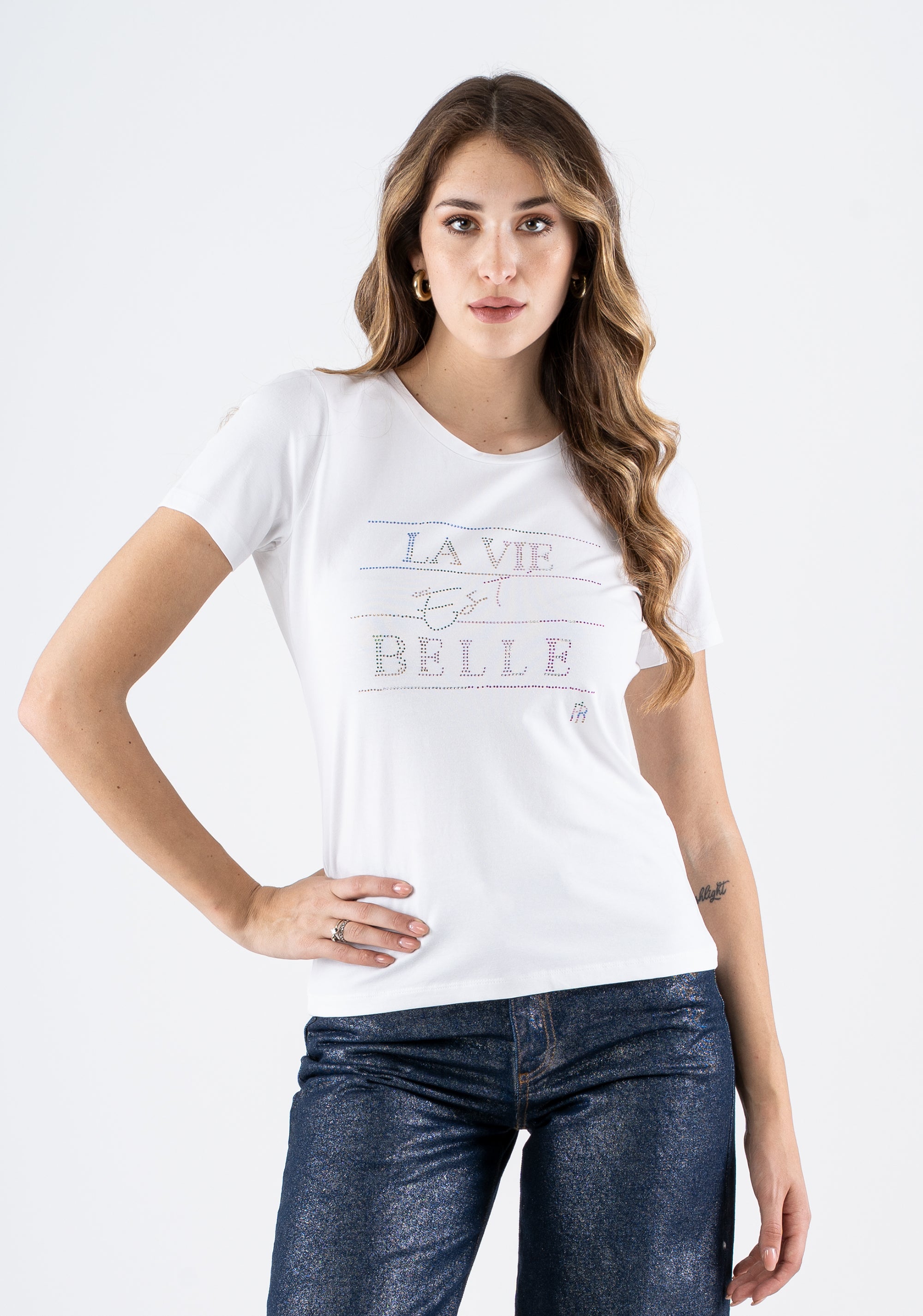 T-Shirt with Rhinestone “La Vie Est Belle” Print Fracomina FI25ST2003J401R8-278_2