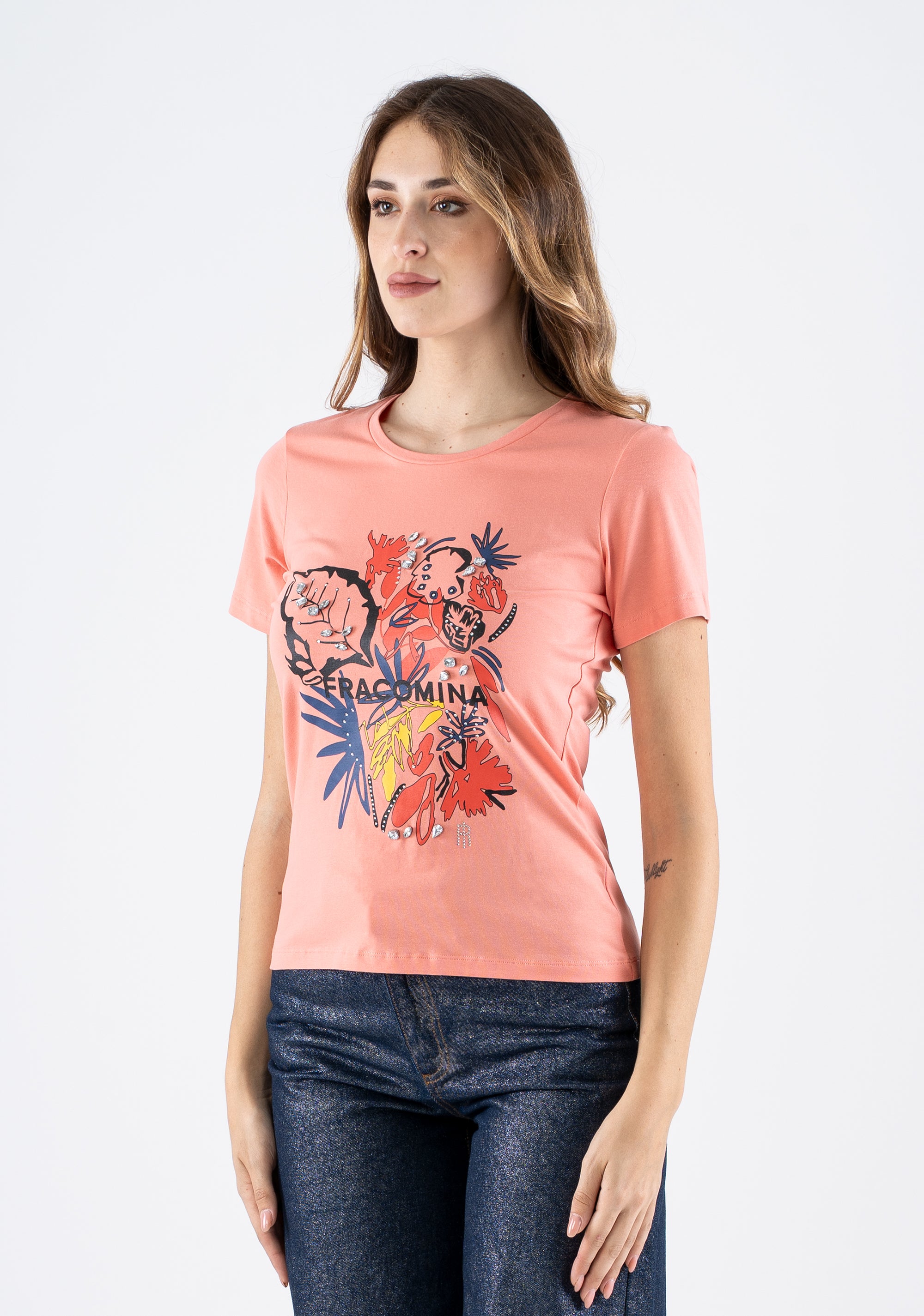 T-shirt with Tropical Print and Rhinestone Details Fracomina FI25ST3005J401R8-238_4